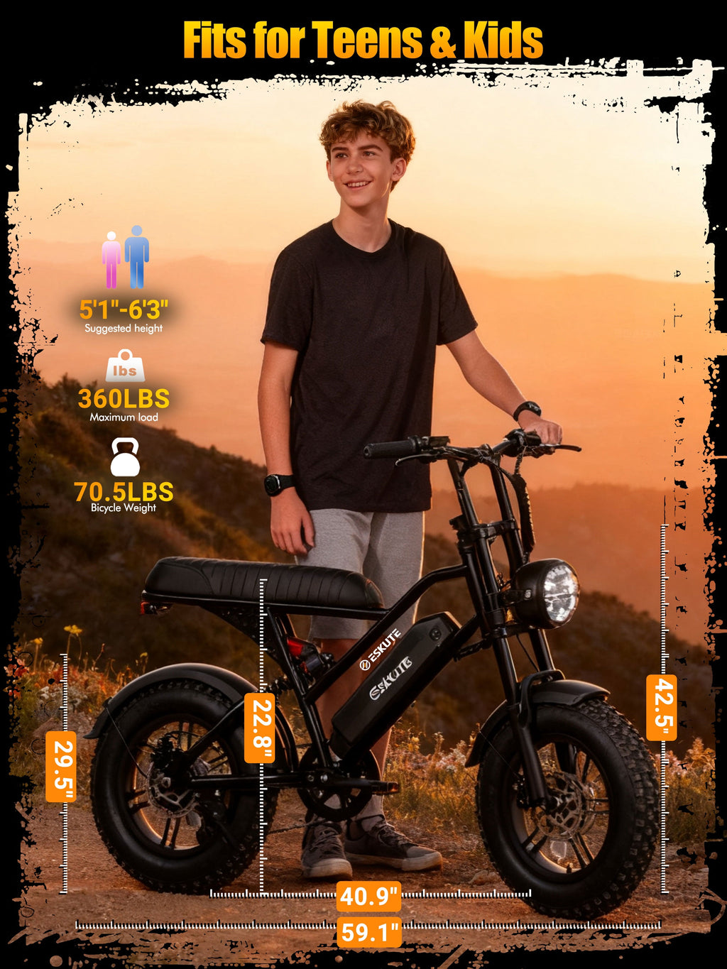 ESKUTE V100 Electric Bike for Teens Adults, 750W Peak 1500W 28 Mph 48V 13 Ah,16x4.0 Fat Tire E Bicycle, 7-Speed E-Bike with Dual Suspension, UL2849