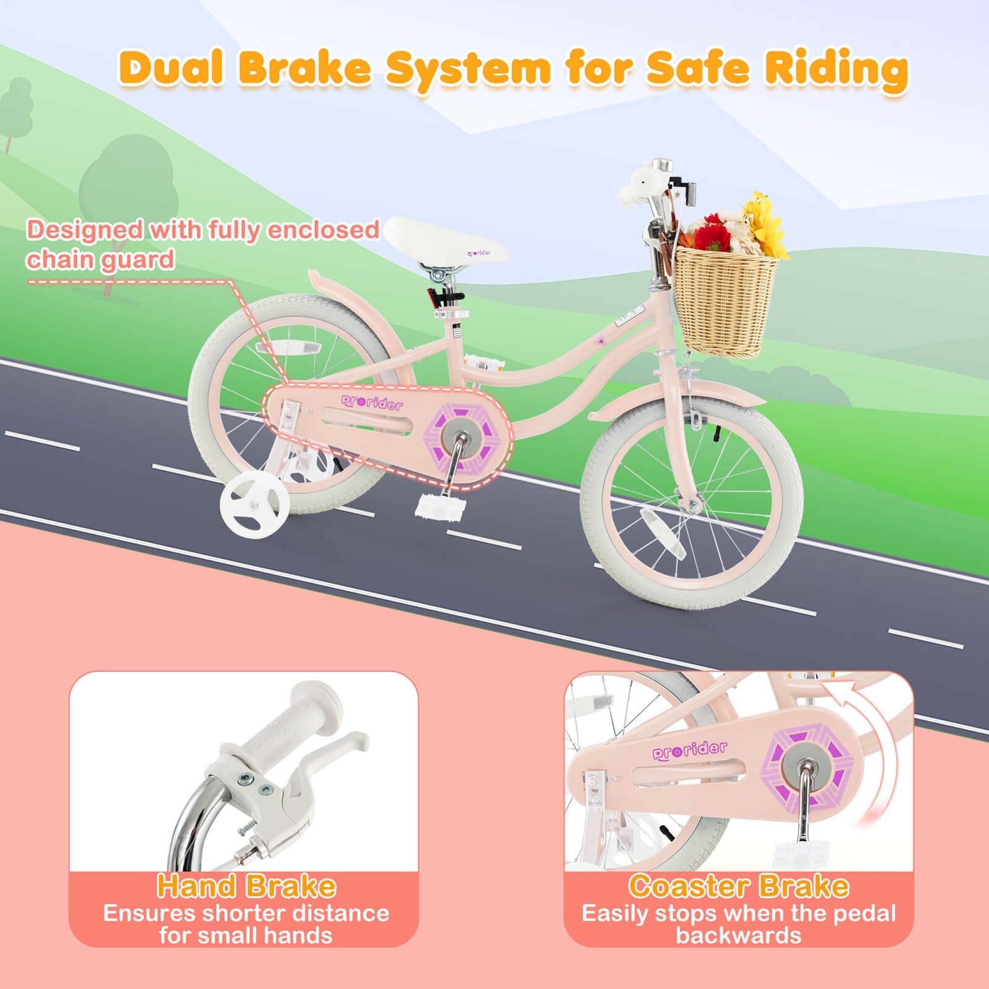 Costway 16 Kid's Bike with Training Wheels Adjustable Handlebar Seat Handbrake Pink