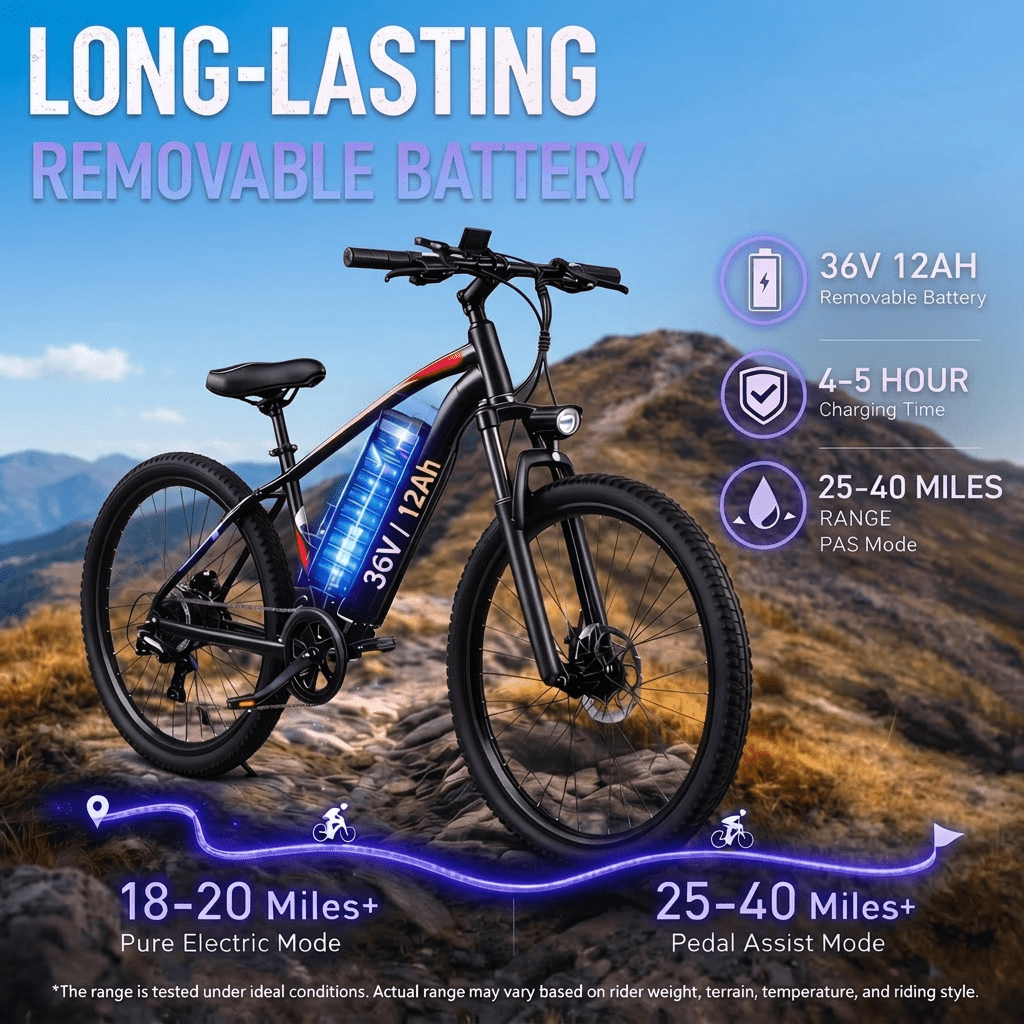 26'' Electric Mountain Bike for Adults, 500W Peak Motor, 36V 12Ah Removable Waterproof Battery, 20 MPH, 30 Miles Range, 7-Speed Suitable for Mountain, Commuting, Shopping, or Trip, UL 2849