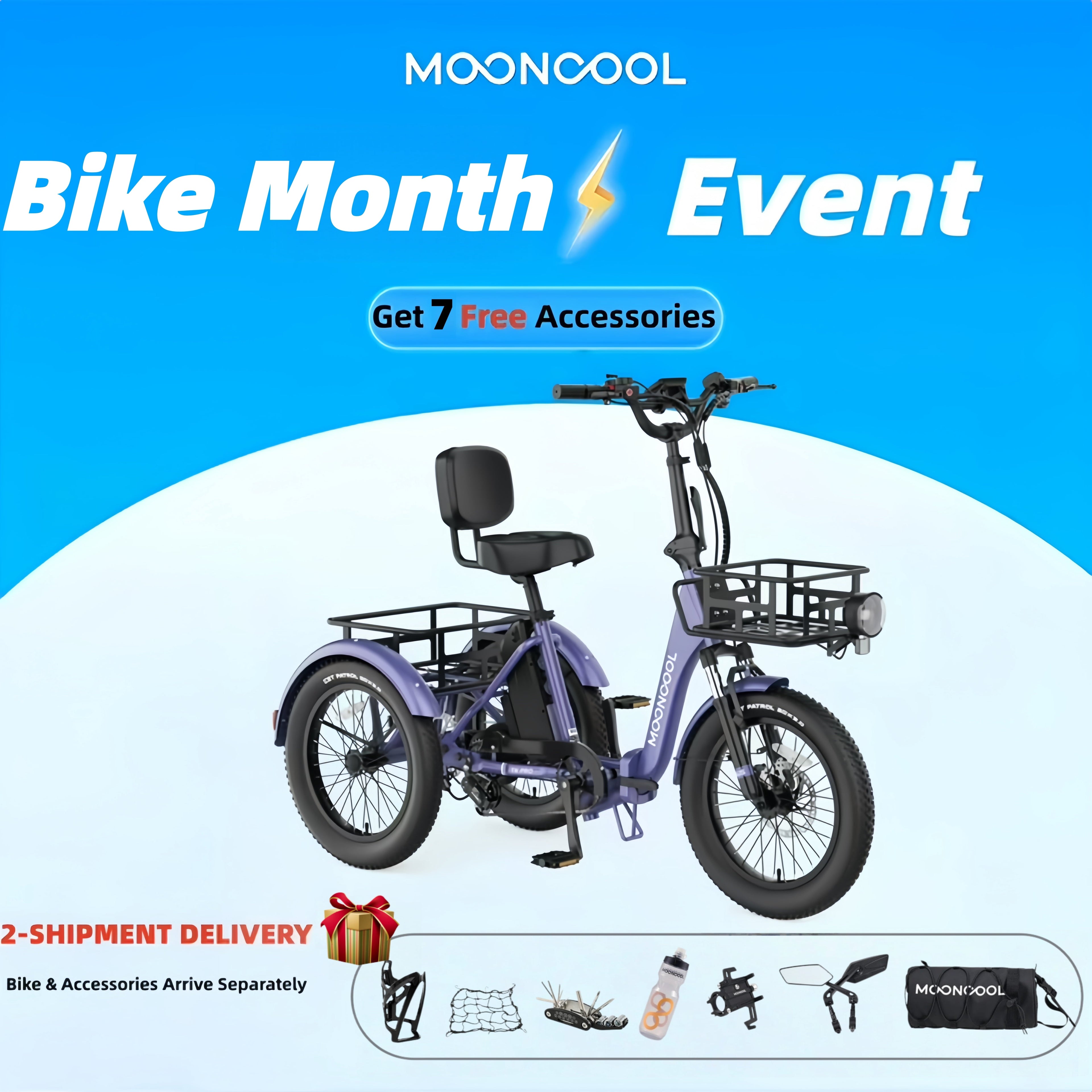 MOONCOOL TK Pro Foldable Electric Tricycle W/ Rearview mirror accessory Kit, 1500W Motor 48V 20Ah Battery, 20 Fat Tire Three Wheel 6-Speed Electric Mountain Bicycle for Adults