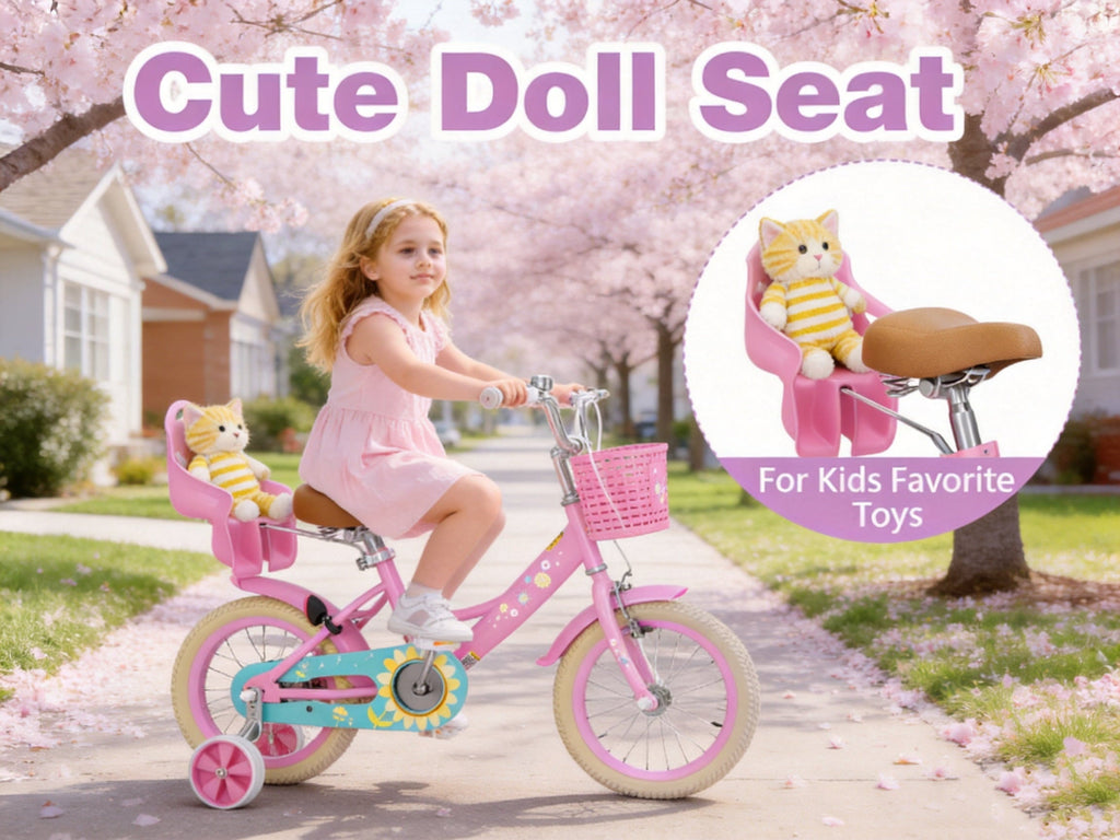 Korimefa Girls Bike for 3-9 Years Old Kids, 12 14 16 inch Kids Bike with Training Wheels, Basket and Doll Seat, Children Bicycles with Handbrake, Pink
