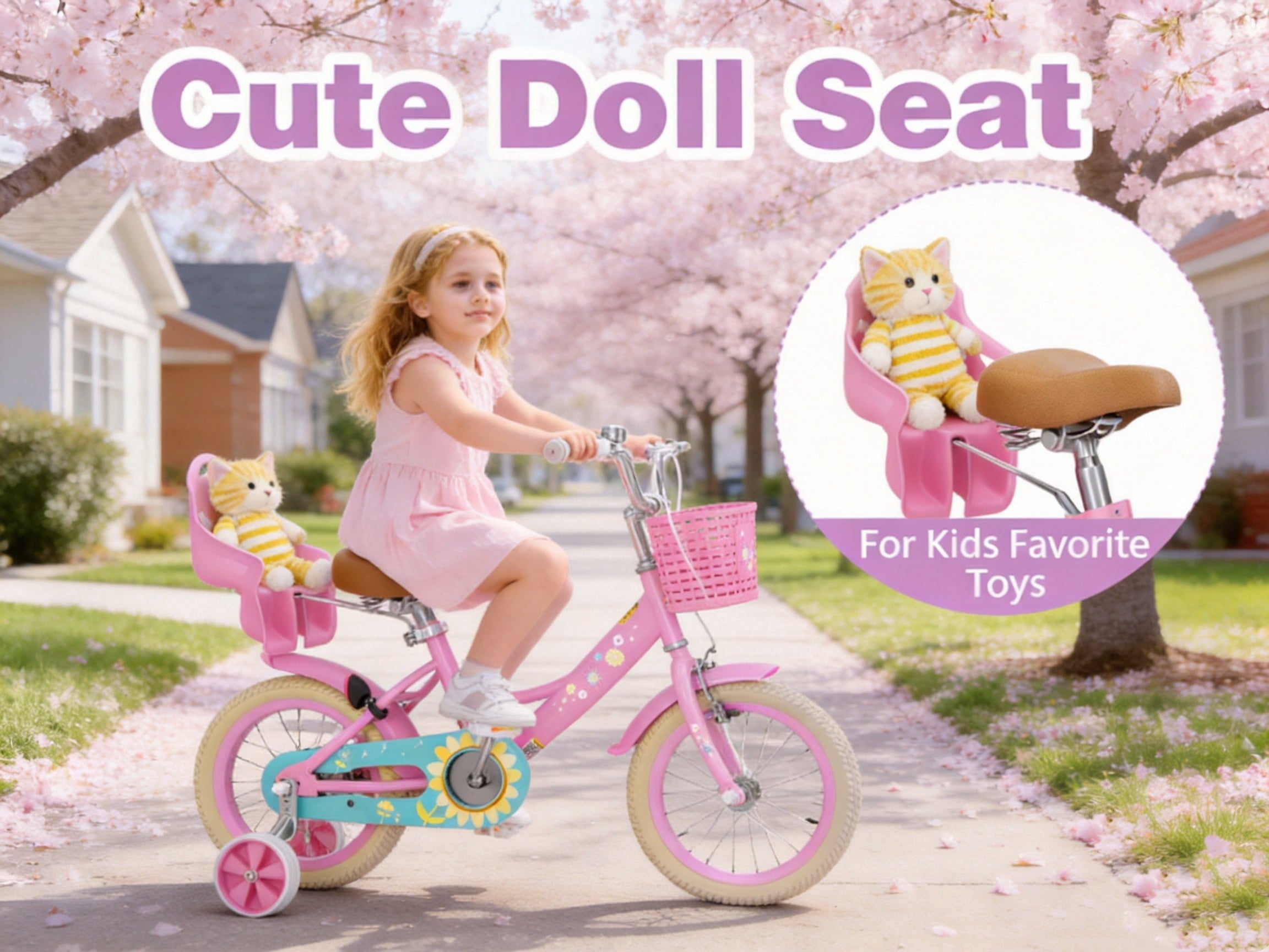 Korimefa Girls Bike for 3-9 Years Old Kids, 12 14 16 inch Kids Bike with Training Wheels, Basket and Doll Seat, Children Bicycles with Handbrake, Pink