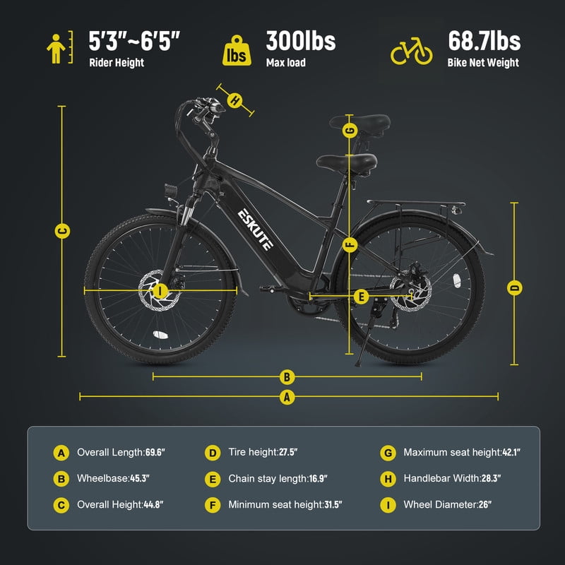 ESKUTE C200 70-Mile Electric Bike for Adults with 840Wh Removable Battery, 1300W Peak Power Ebike, Up to 28MPH Speed, 26 Tires, 7-Speed Adjustable Stem Step-Over E-Bicycle,Orange, UL2849