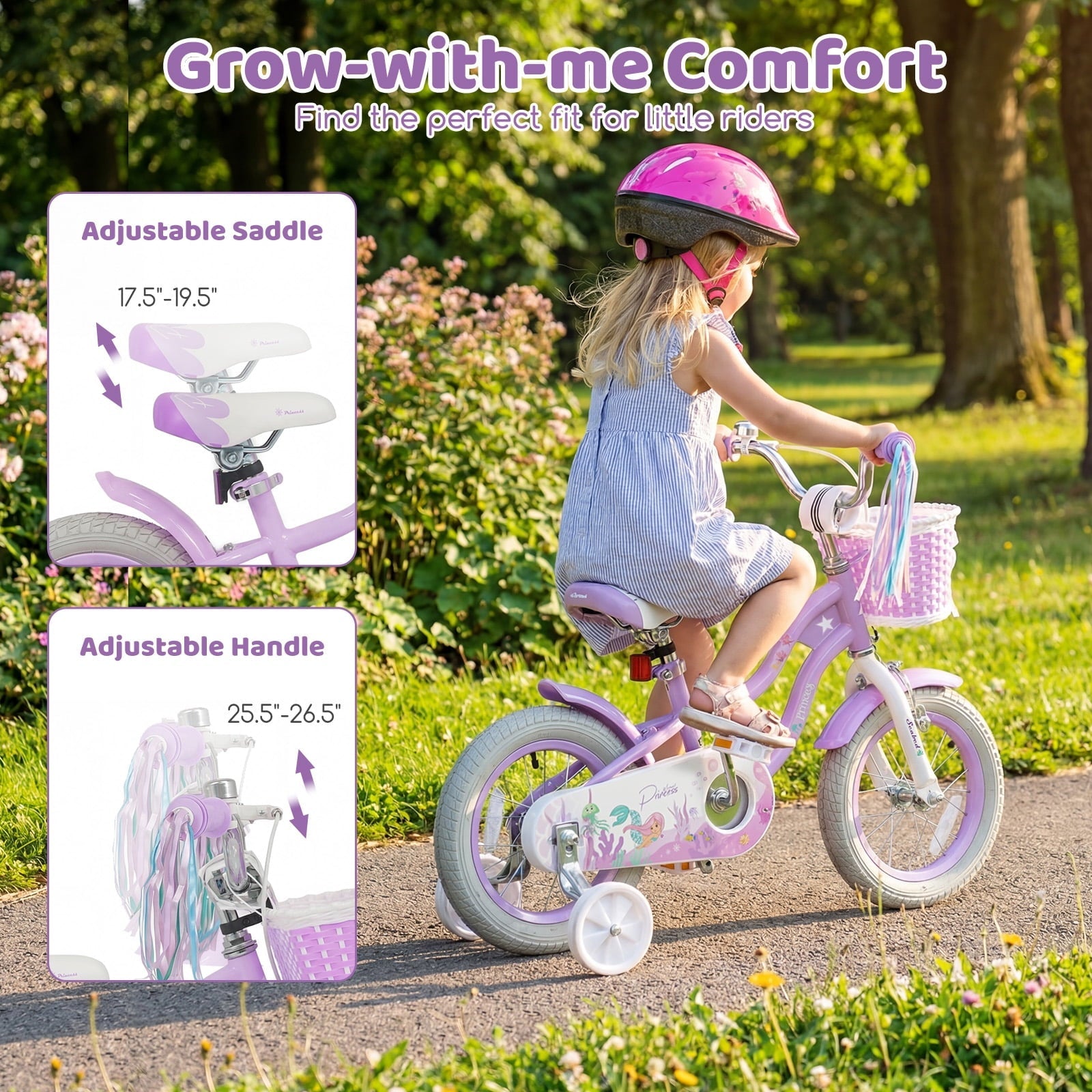 Costway 14 Kids Bike with Training Wheels Hand Coaster Brakes Adjustable Seat Handlebar Pink