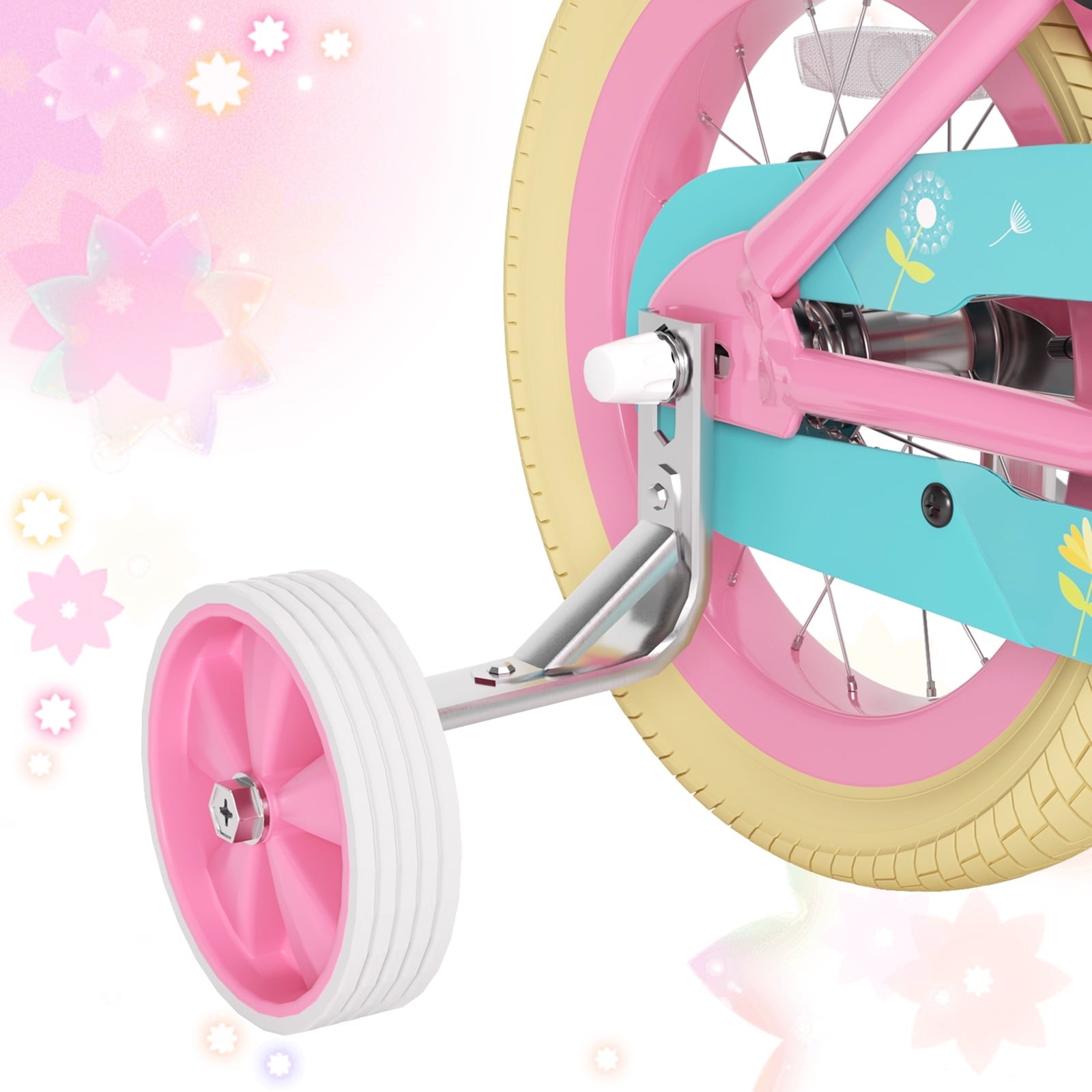Korimefa Girls Bike for 3-9 Years Old Kids, 12 14 16 inch Kids Bike with Training Wheels, Basket and Doll Seat, Children Bicycles with Handbrake, Pink