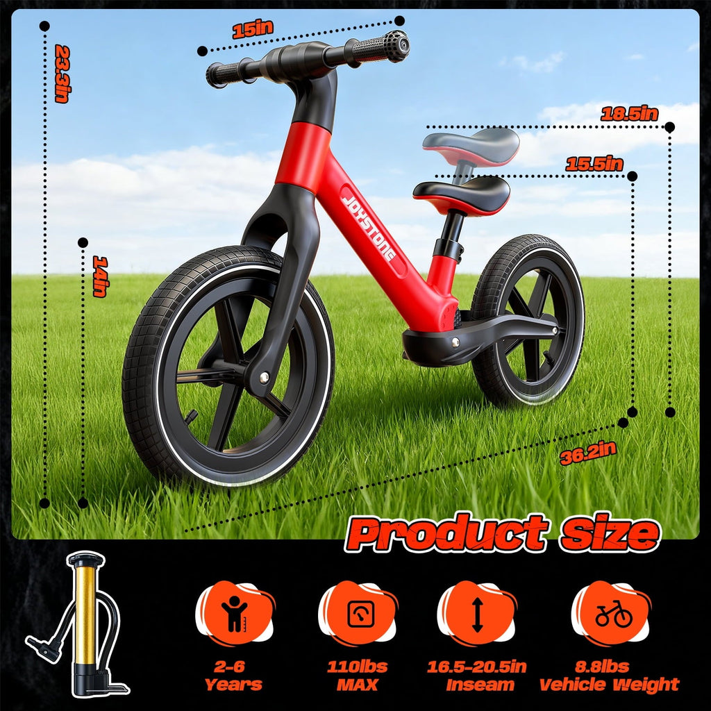 JoyStone 14 Inch Balance Bike for Kids, Toddler Balance Bike with Air Rubber Tires, Adjustable Seat, Lightweight No Pedal Training Bicycle, Gift Bike for 2-6 Boys Girls, Black
