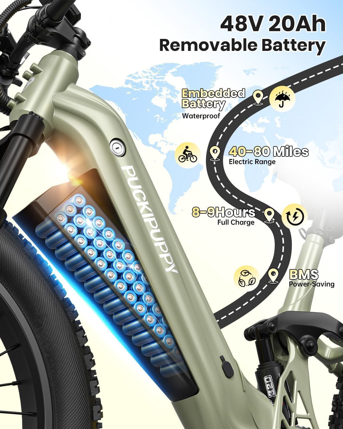 PUCKIPUPPY Electric Bikes for Adults 26 Step-Thru Ebikes 960W Peak Motor 80Miles Range 28mph Max Speed 48V 20AH Battery Full Suspension Fat Tire Mountain E Bike 7 Speed, Comply with UL2849 By SGS