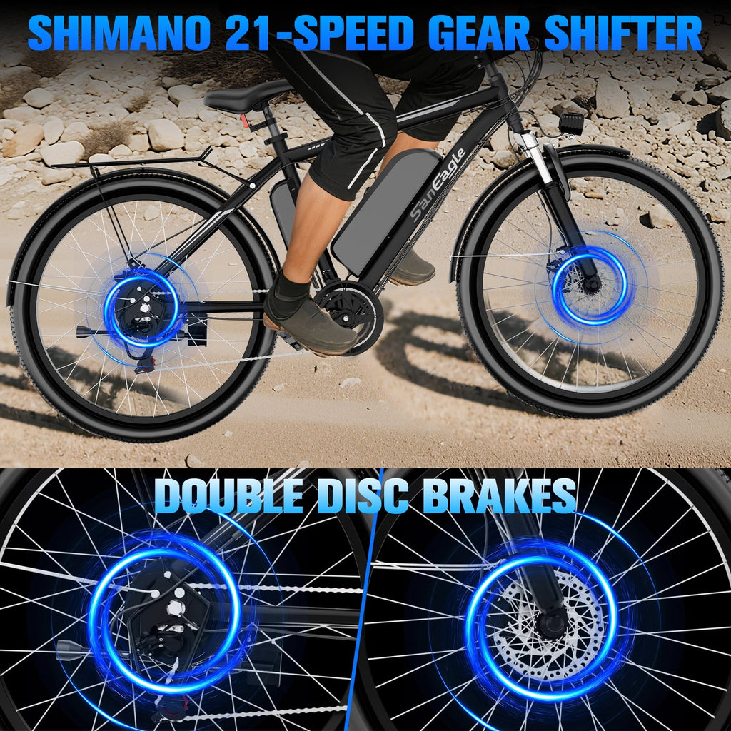 Saneagle 1000W Peak Electric Bike for Adults, City E-Bike, 52V 15Ah Removable Battery, 26 Tire, Shimano 21 Speed, UL 2849 Certified, Black