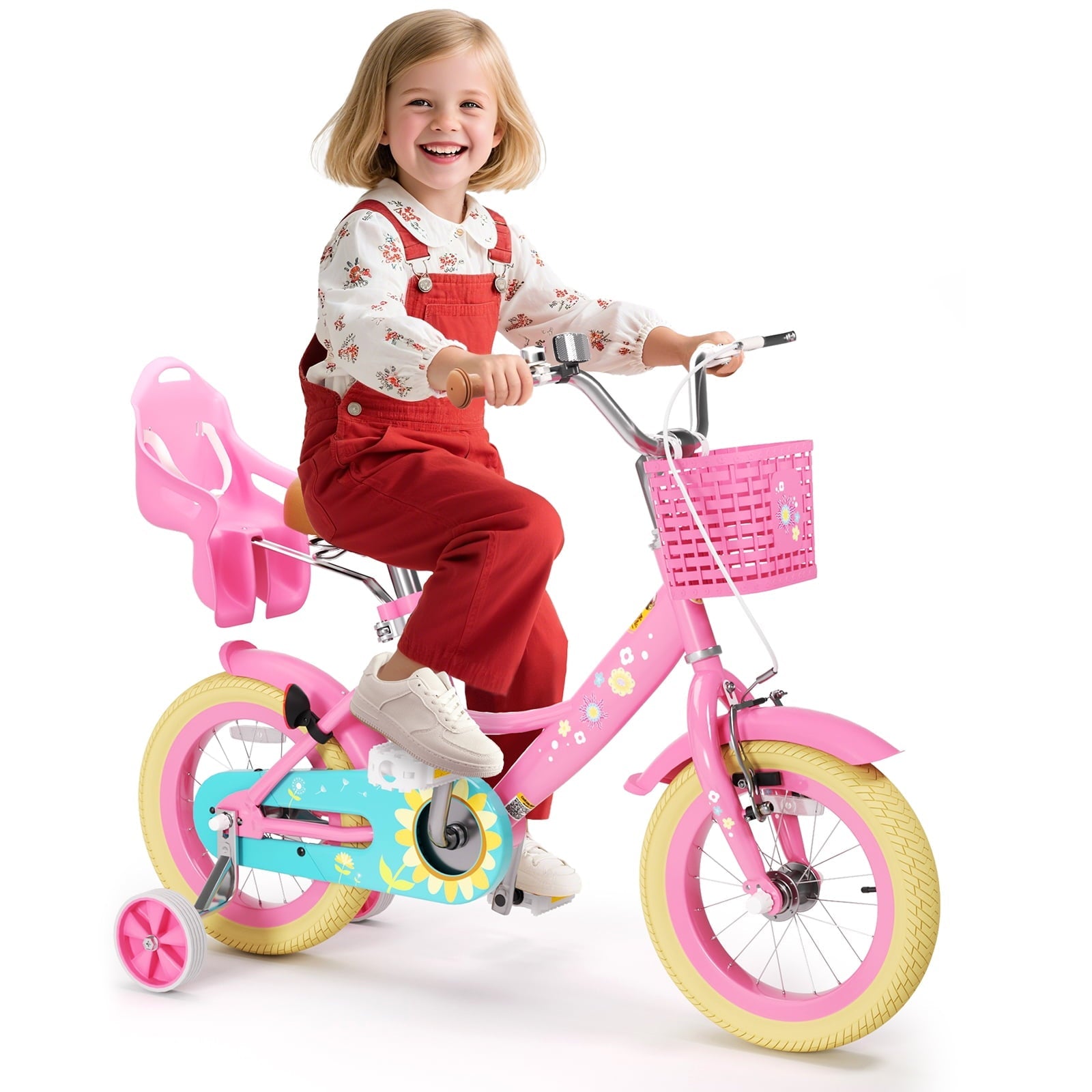 KORIMEFA Bikes for Girls 3-6 Years Old Toddlers, 12 inch Girls Bike with Training Wheels, Basket and Doll Seat, Children Bicycles with Handbrake, White