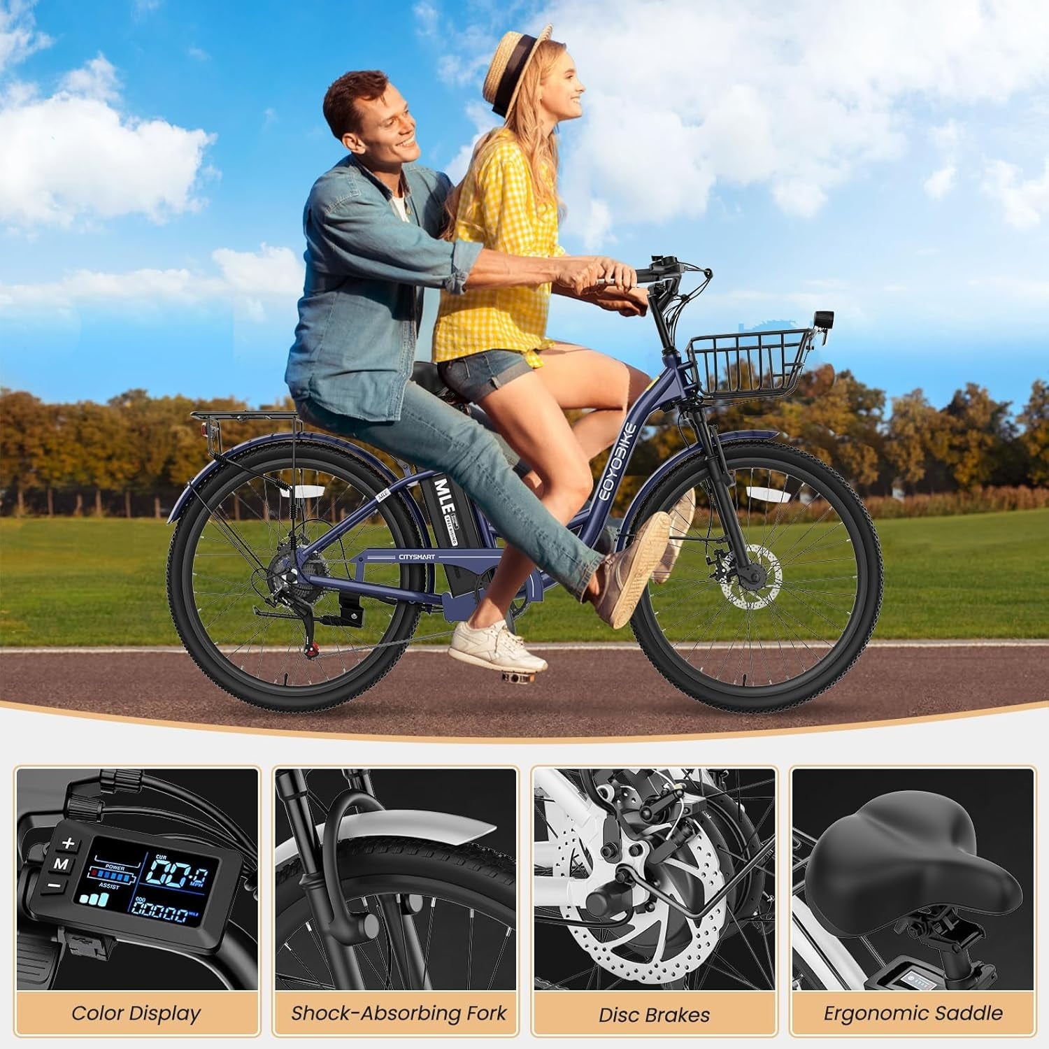 MOONCOOL Electric Bicycle for Adults 350W , 7-Speed Ebike with 36V 10.4Ah Removable Battery . 40 Miles Range , 20 mph Electric Commuter Bike for Women Men