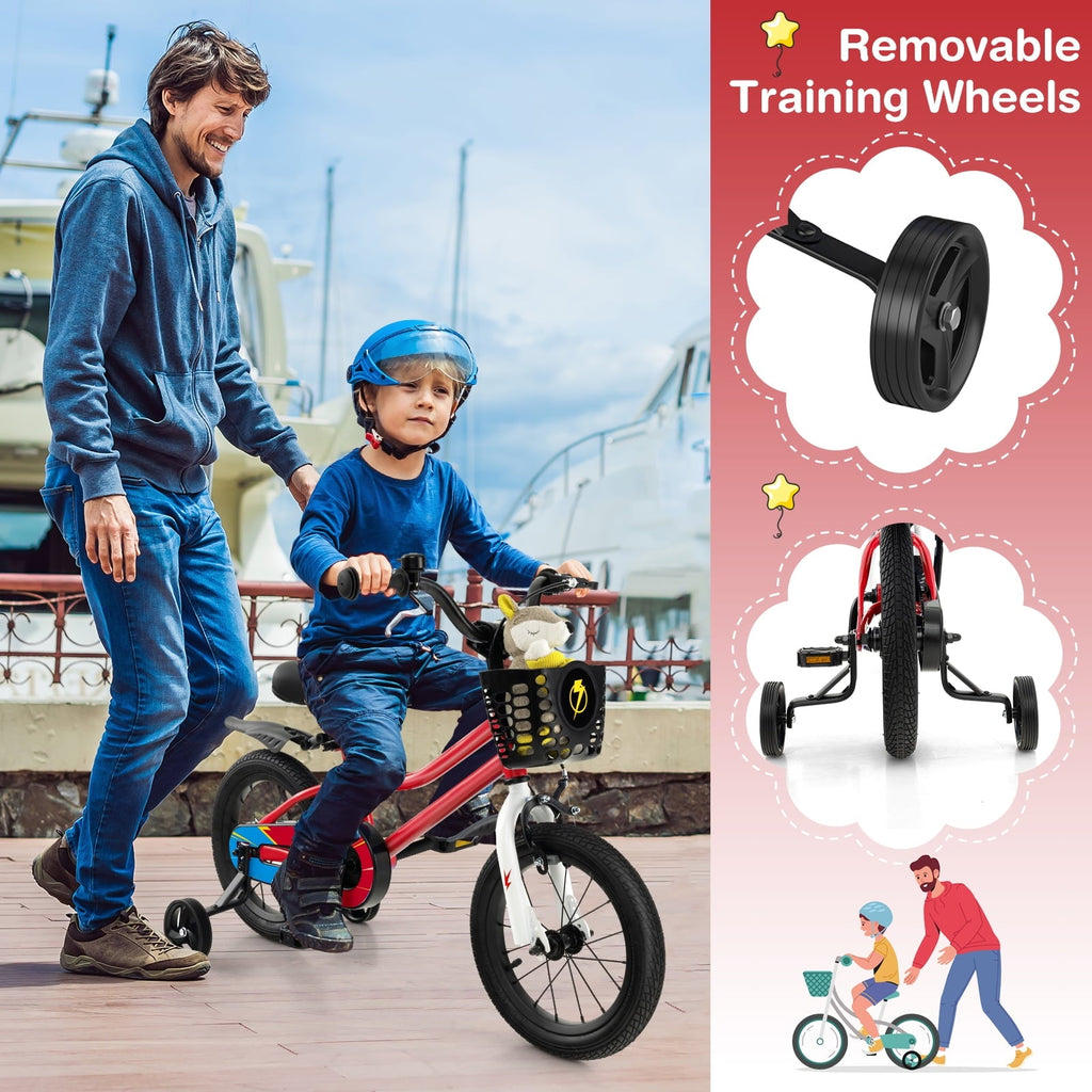 Costway 14'' Kid's Bike with Removable Training Wheels & Basket for 3-5 Years Old White