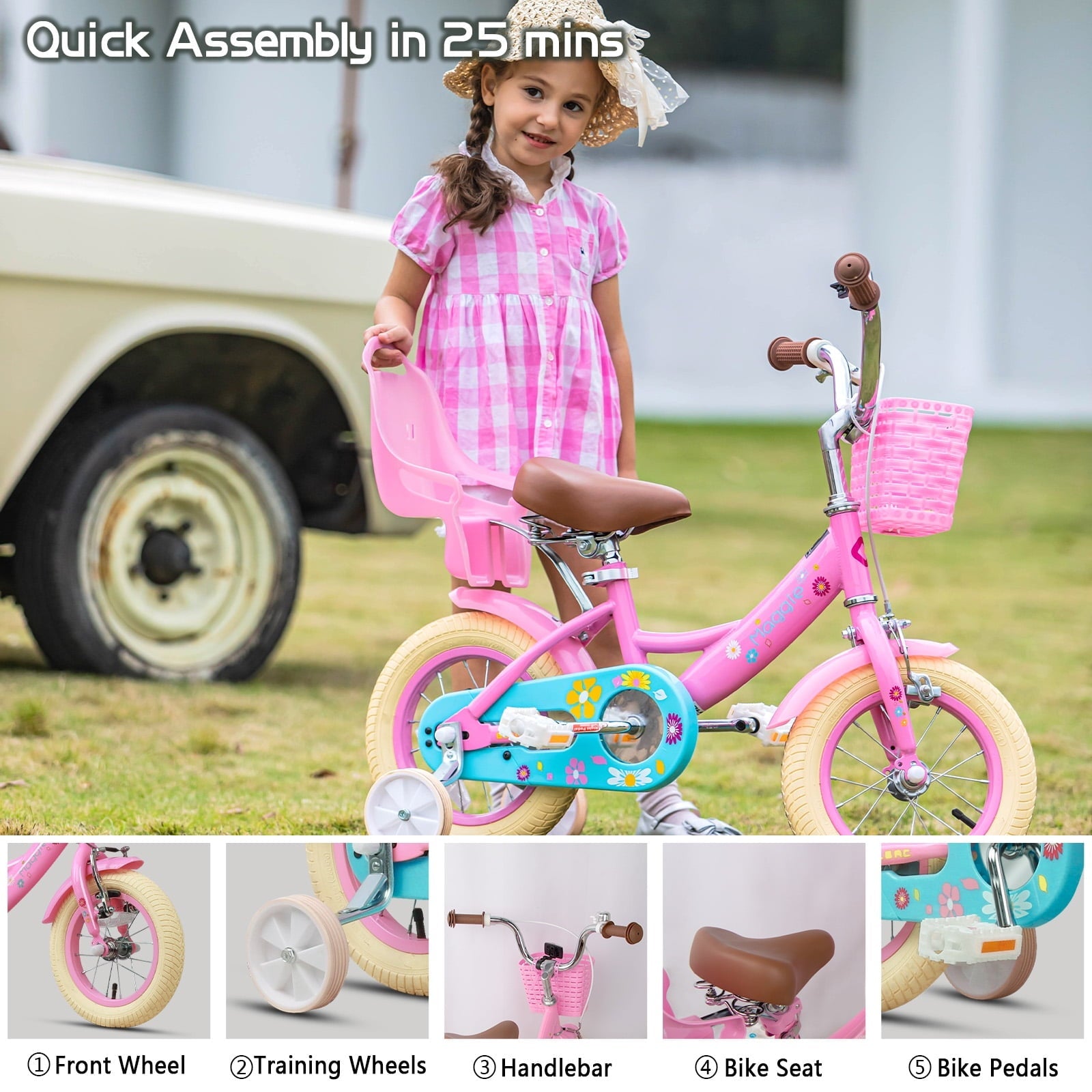 Glerc Maggie 14 inch Kids Girls Bike for Ages 3-5 Years Old Children, Princess Style Kids Bicycle with Doll-Seat & Basket & Training Wheels, Pink