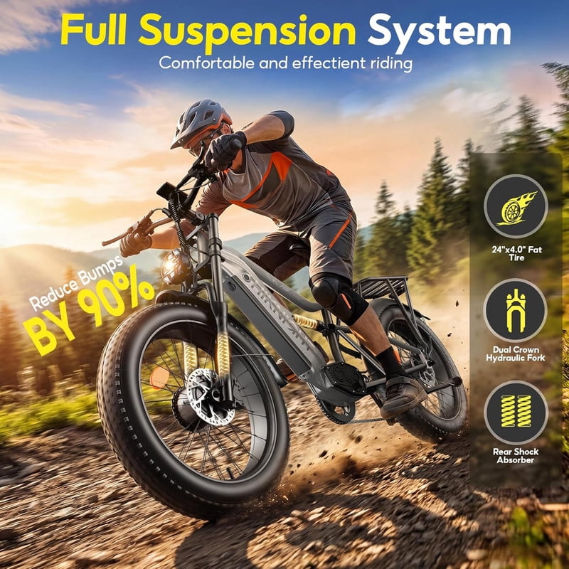 HiKNiGHT 4000W Dual Motor Electric Bike for Adults, 52V 20Ah Battery, 40 MPH & 90 Miles Range, 24 x 4.0 Fat Tire E-Bike, Dual Hydraulic Brakes, Full Suspension, H6 Pro (Black White) with Bag