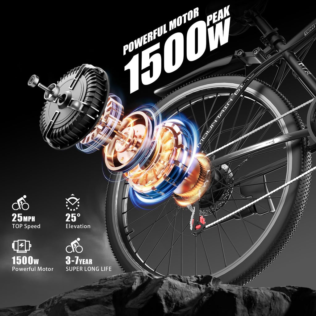GWEIT Electric Bike, 26 Pneumatic Tires, 1500W Peak Motor Electric Mountain Bike, 25MPH 35Miles Range, 48 10.4AH Removable Battery E Bikes for Adults, UL 2849 Certification