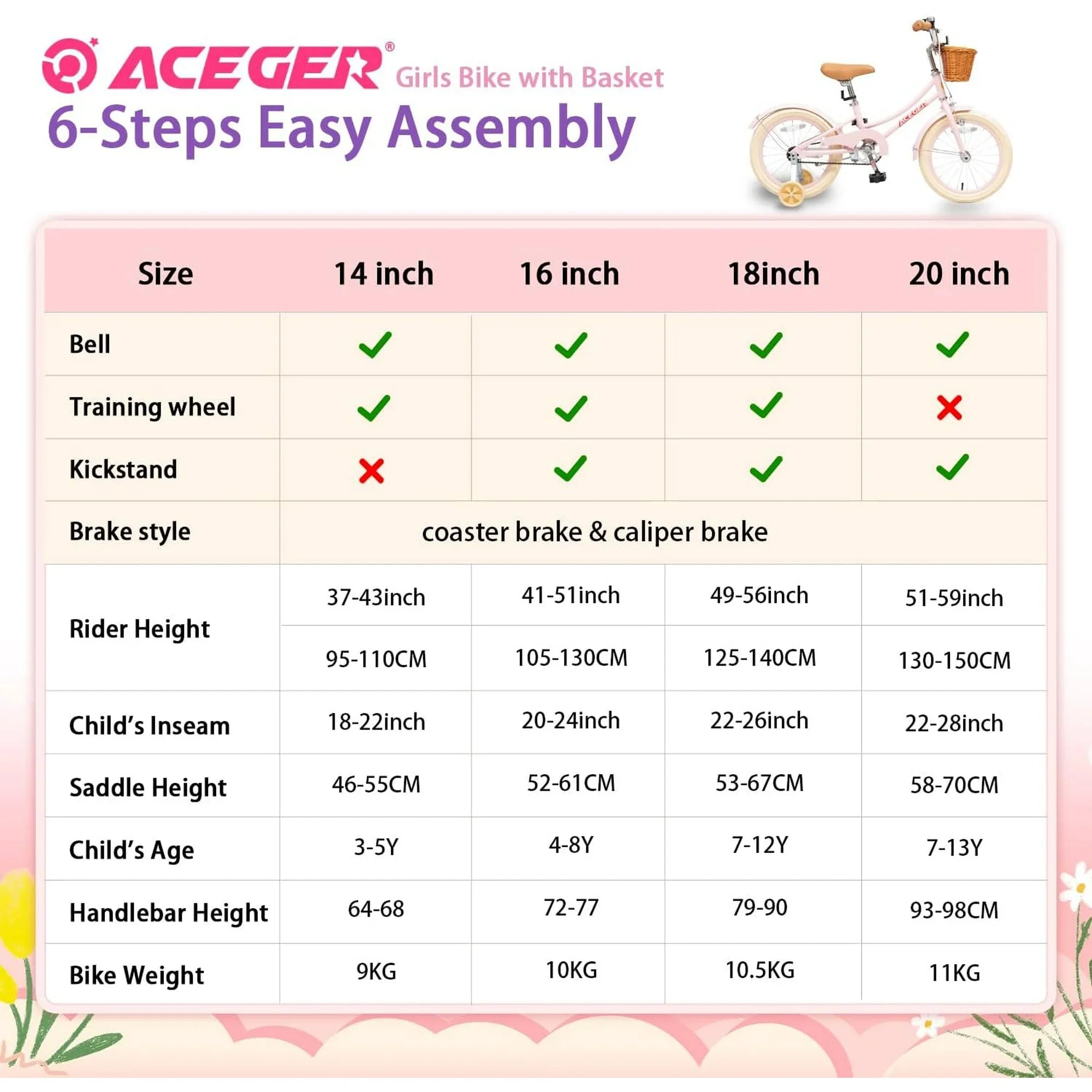 ACEGER 16 Inch Girls Bike with Basket, Purple, Training Wheels, Ages 4-8