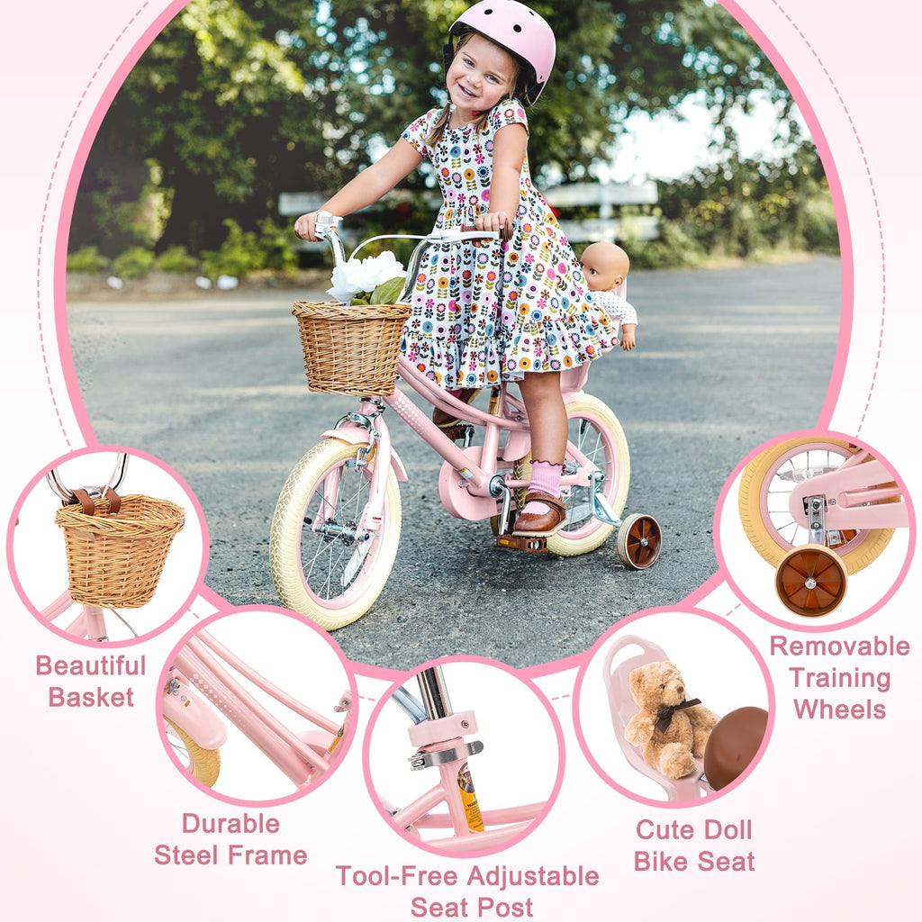 KORIMEFA Girl Bike for Toddlers and Kids Ages 3-6 Years Old, 12 inch Kids Bike with Training Wheels & Basket, 12 in Girl Bicycle with Handbrake & Kickstand