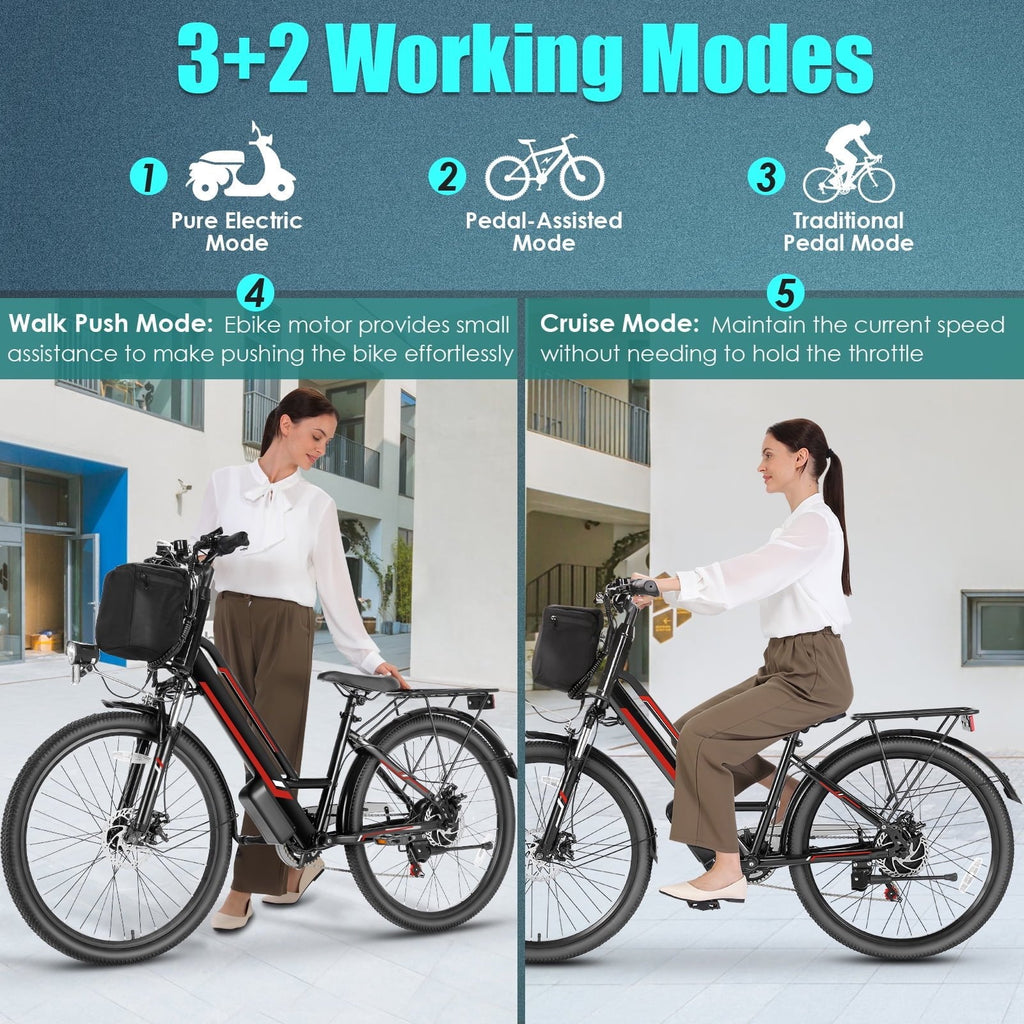 Elifine 500W Electric Bike for Adults, 26 Commuter Electric Bicycle 19.8mph City Ebike with 5 Riding Modes, 48V 7.8Ah Removable Battery UL 2849, LCD Intelligent Display Hybrid Electric Bike Red