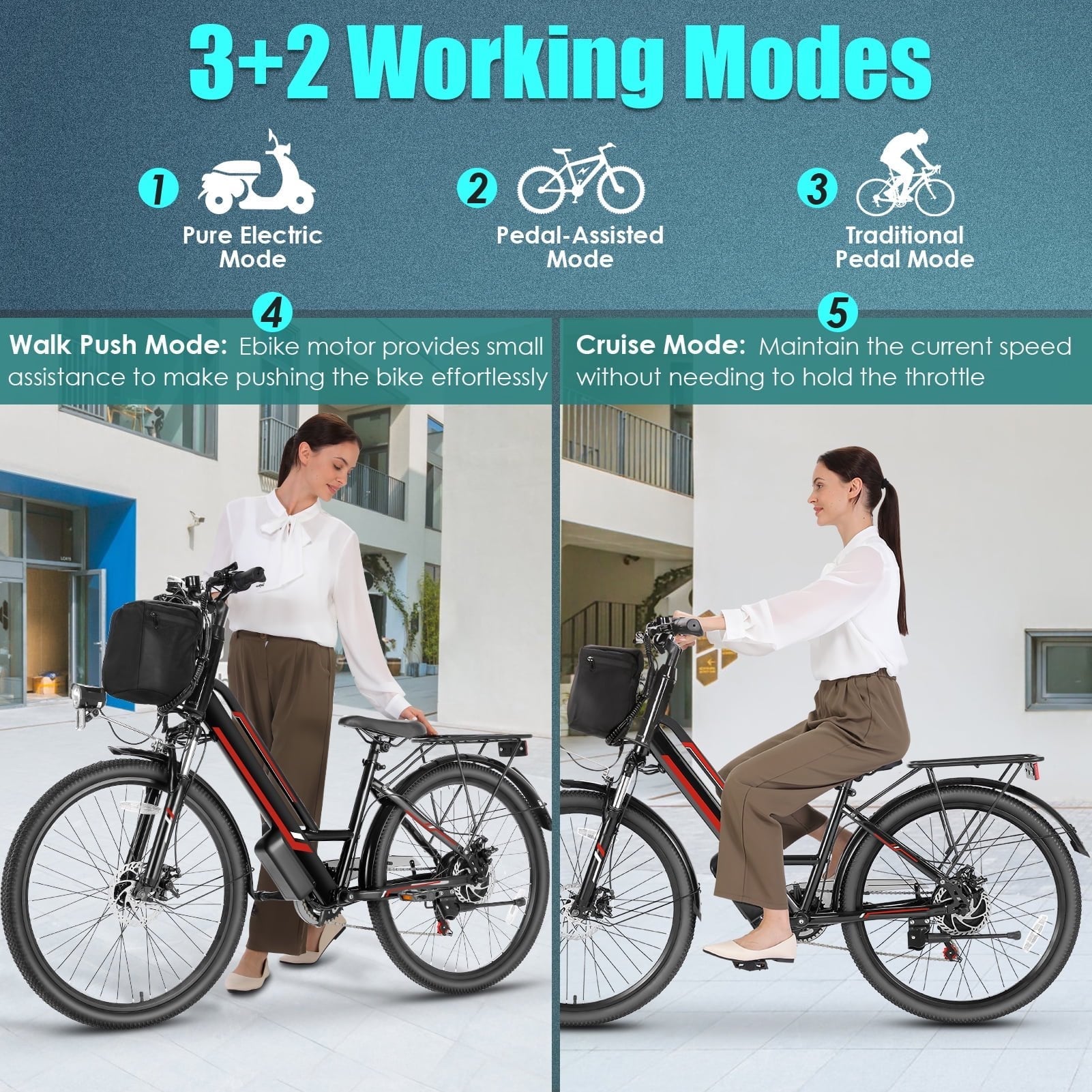 Elifine 500W Electric Bike for Adults, 26 Commuter Electric Bicycle 19.8mph City Ebike with 5 Riding Modes, 48V 7.8Ah Removable Battery UL 2849, LCD Intelligent Display Hybrid Electric Bike Red