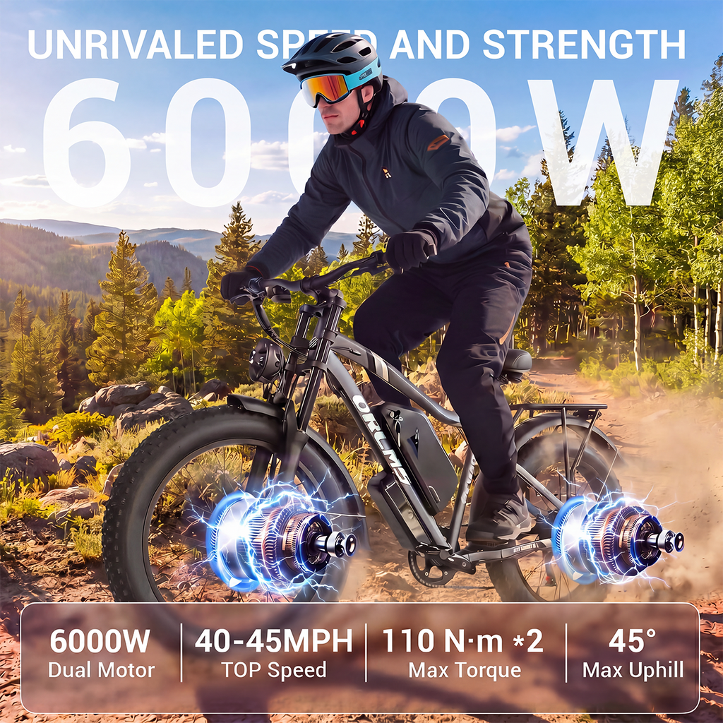 ORLMS 6000W Peak Dual Motor E-Bike, 52V 25Ah Electric Bike, 24 All-Terrain Fat Tire Bicycle, 40 mph High-Speed, Up to 105 mile Range, Hydraulic Brakes, for Off-road & Hunting