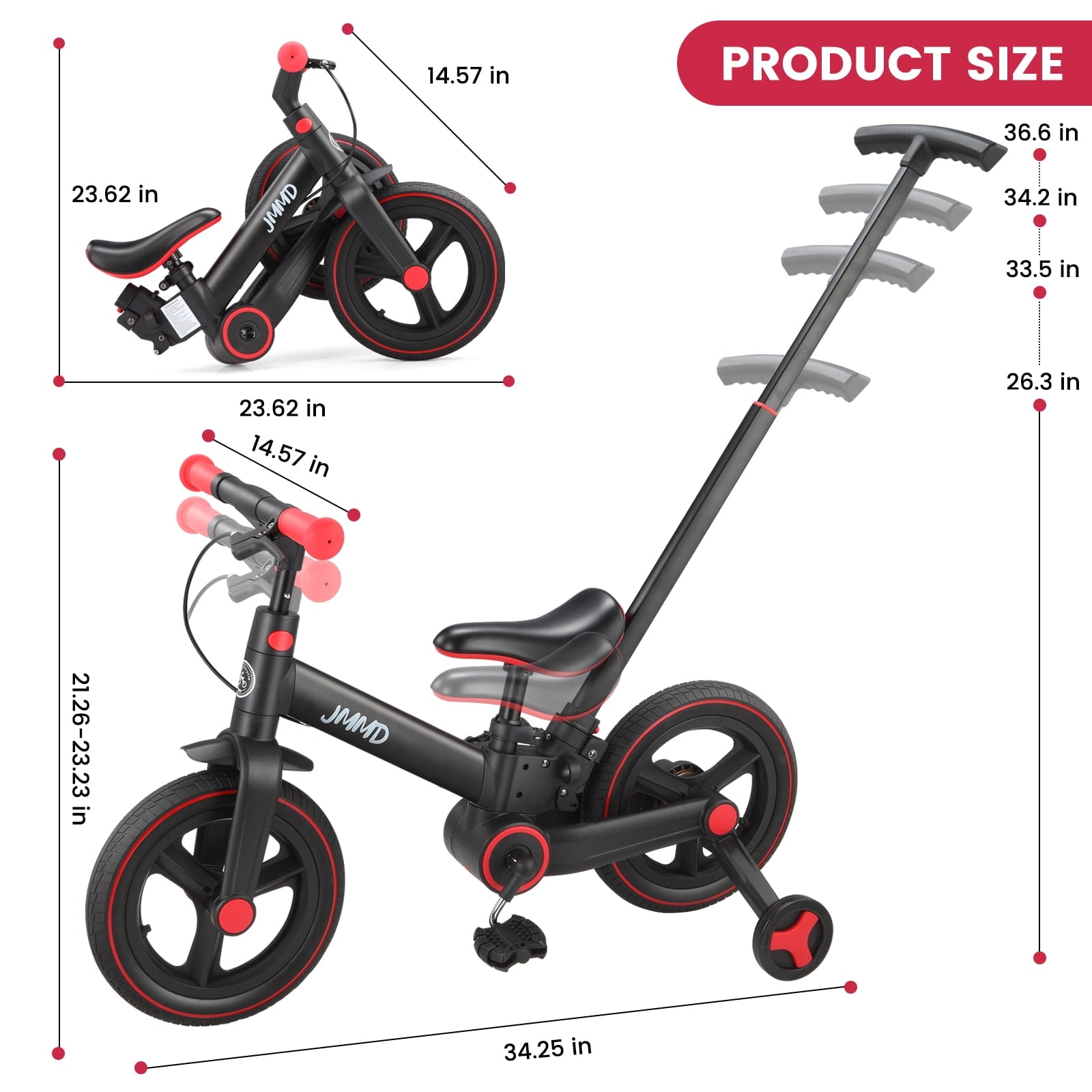 JMMD Toddler Bike with Push Handle for Kid 18-60 Months, 6 in 1 Foldable Tricycle with Training Wheel, Pedals, Kid Balance Bike for Boy & Girl, Black