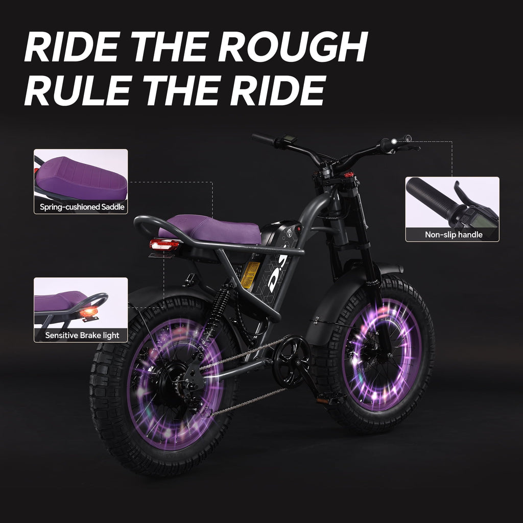 DRIFT.SLIDE D93 Pro Electric Bike for Adults, 1500W Peak Ebike, 20 Mountain Bike, 48V 20.8Ah Waterproof Removable Battery, 37 mph Max – Purple