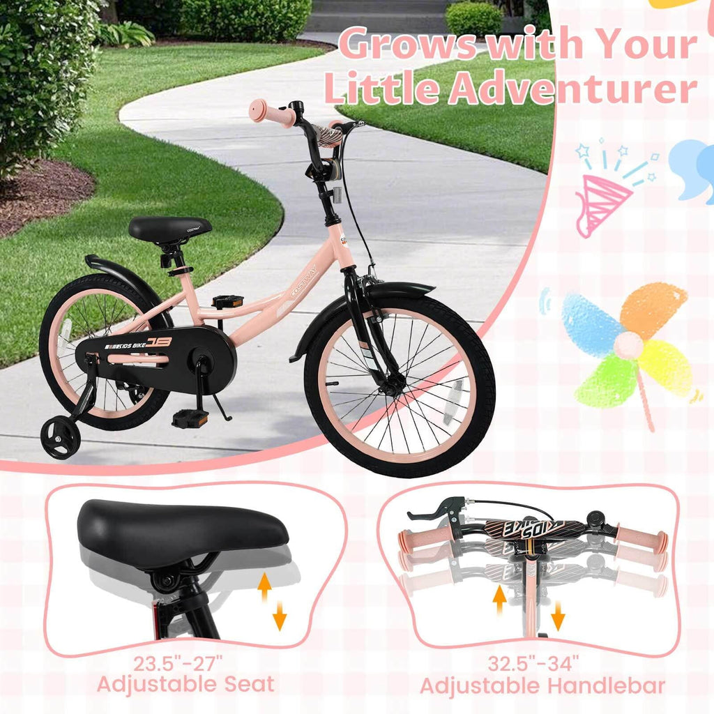 Costway 18 Inch Kids Bike with Training Wheels, Dual Brakes, Adjustable Seat & Handlebar Height Pink