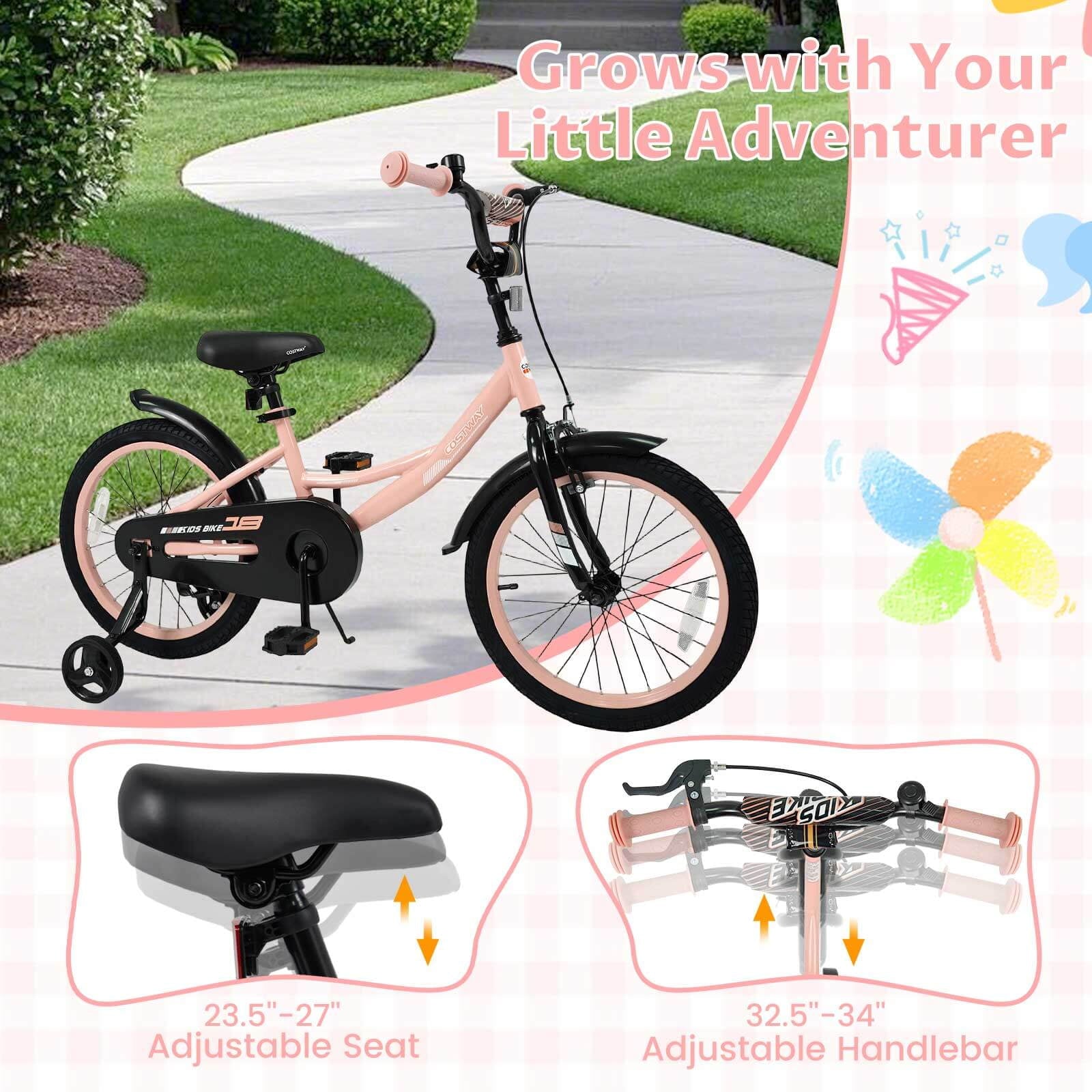 Costway 18 Inch Kids Bike with Training Wheels, Dual Brakes, Adjustable Seat & Handlebar Height Pink
