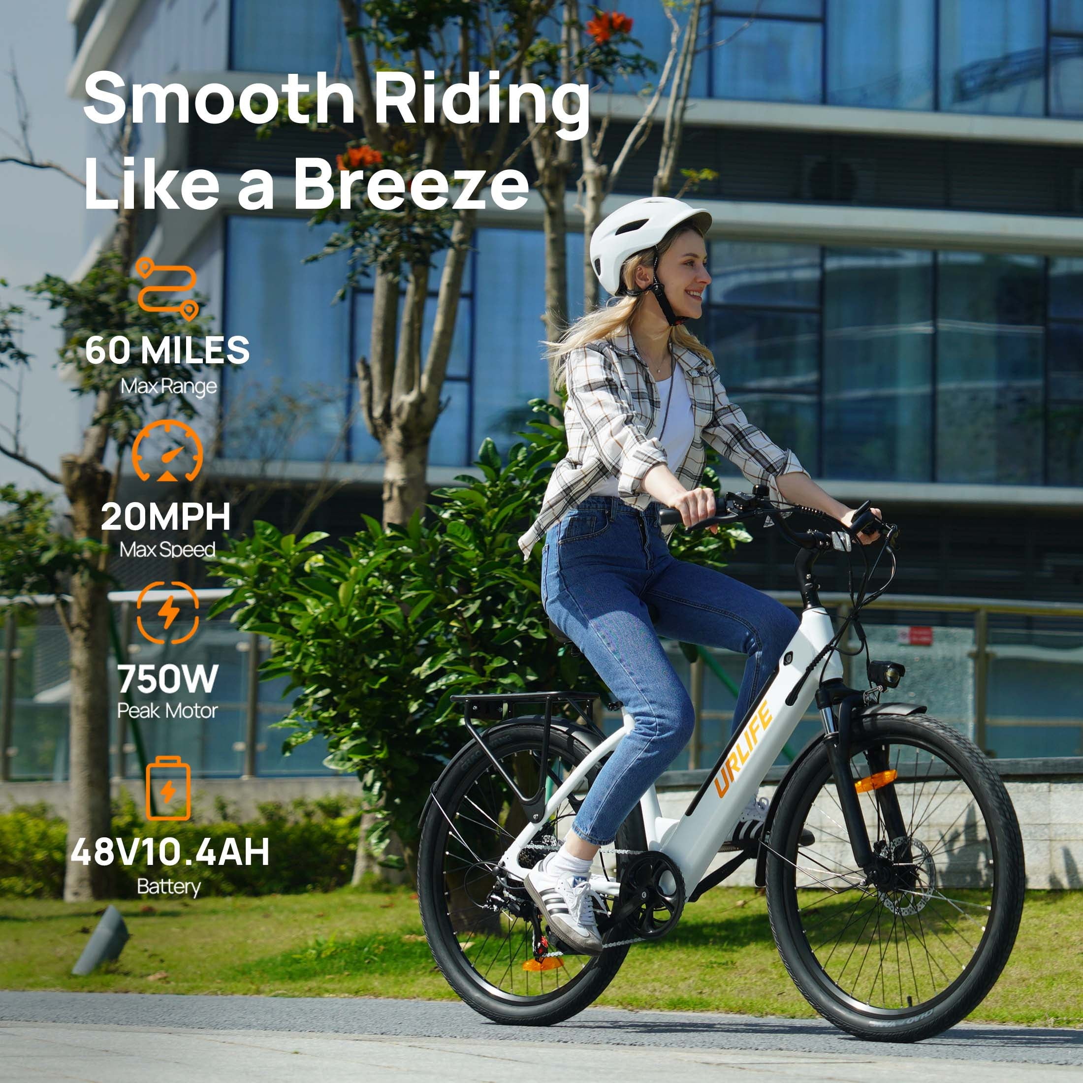 URLIFE 26 Electric Bike for Adults,750W Peak Motor,48V 10.4Ah Removable Battery, 60 Miles Range, 7-Speed City Commuter Ebike,UL2849-White