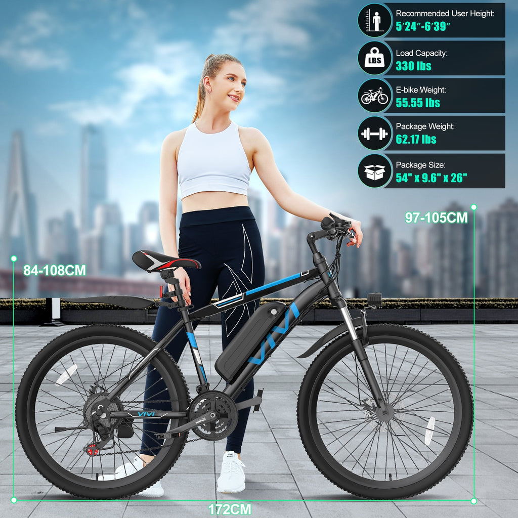 Vivi Electric Bike for Adults 26 Electric Mountain Bike 500W Cruise Control Electric Commuter Bike 21 Speed with Removable 48V Battery