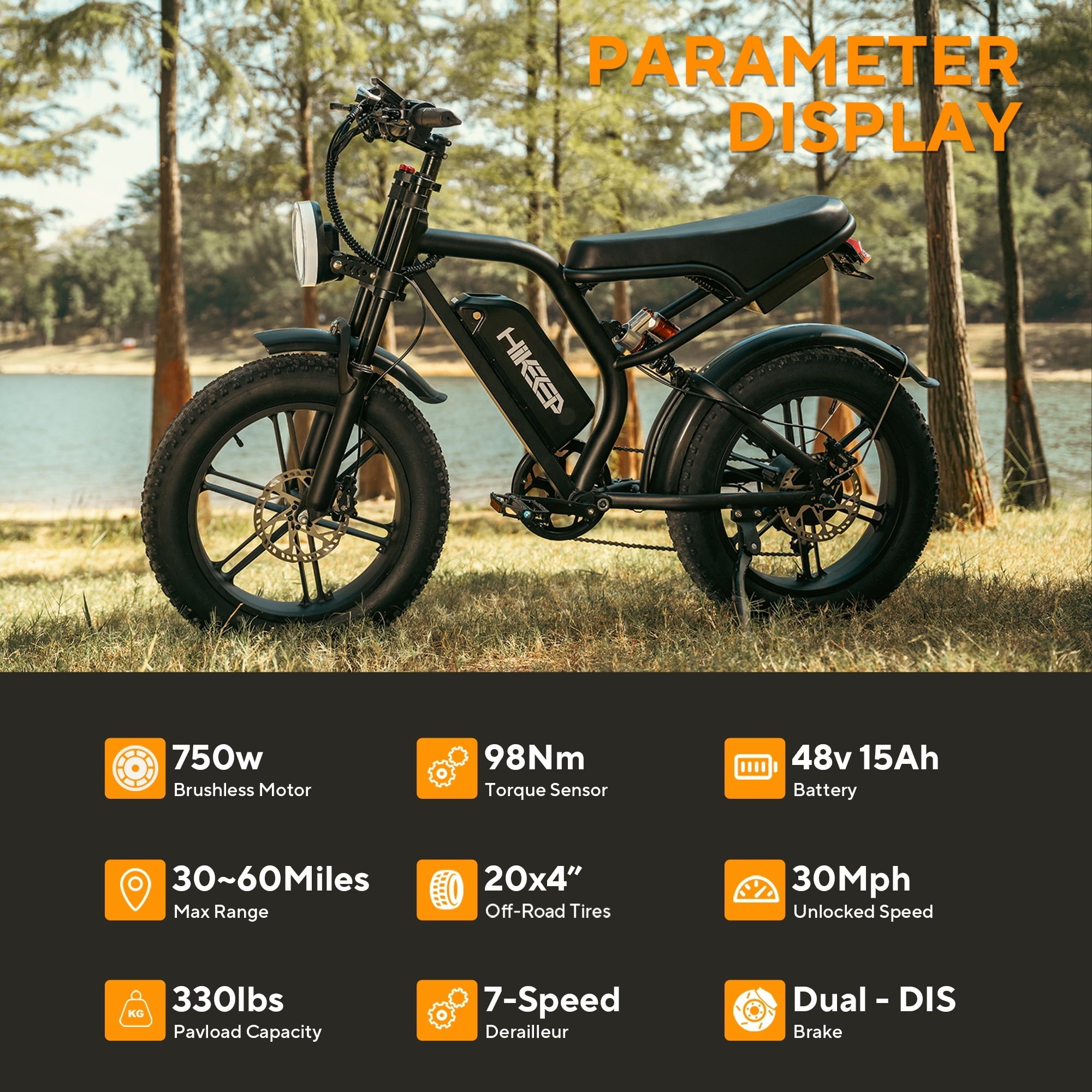 GlobalKeep 1500W Peak Electric Mountain Bike, 20 Fat Tire 32MPH Ebikes for Adults , 48V 15.6Ah Removable Battery, Full Suspension UL2849