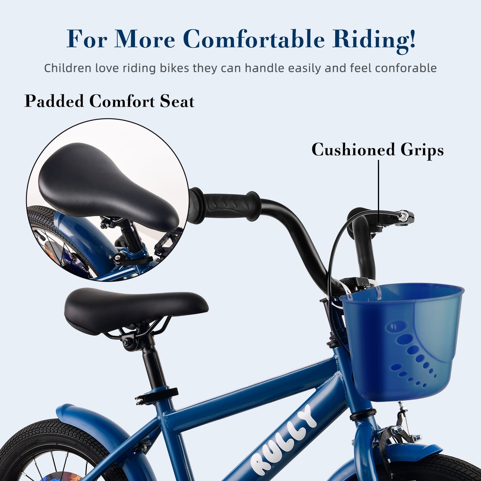 RULLY 14 Inch Dinosaur Kids Bike for Boys 3-5 Years, Bicycle with Training Wheels, Basket & Coaster Brake, Blue