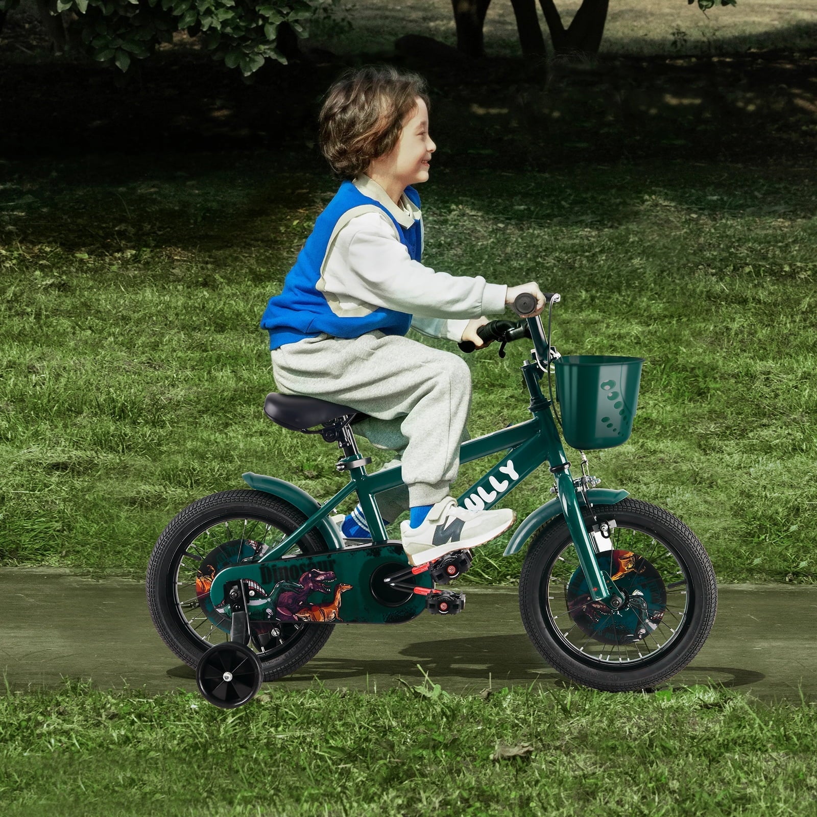 RULLY 14 Inch Dinosaur Kids Bike for Boys 3-5 Years, Bicycle with Training Wheels, Basket & Coaster Brake, Blue