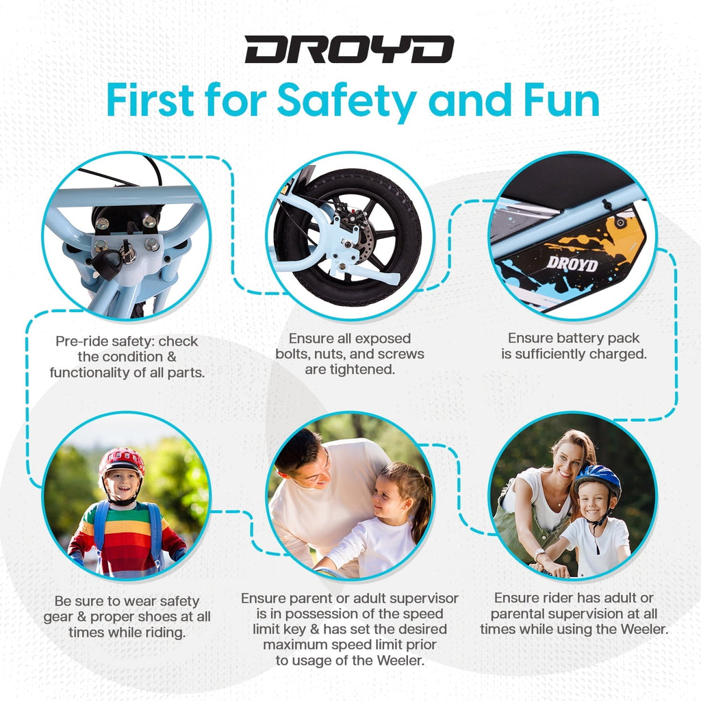 Droyd Weeler Electric Mini Bike - 24V 8Ah Battery, 6-10 MPH, Up to 8 Miles, LED Lights, Kids Ages 6+ - Blue