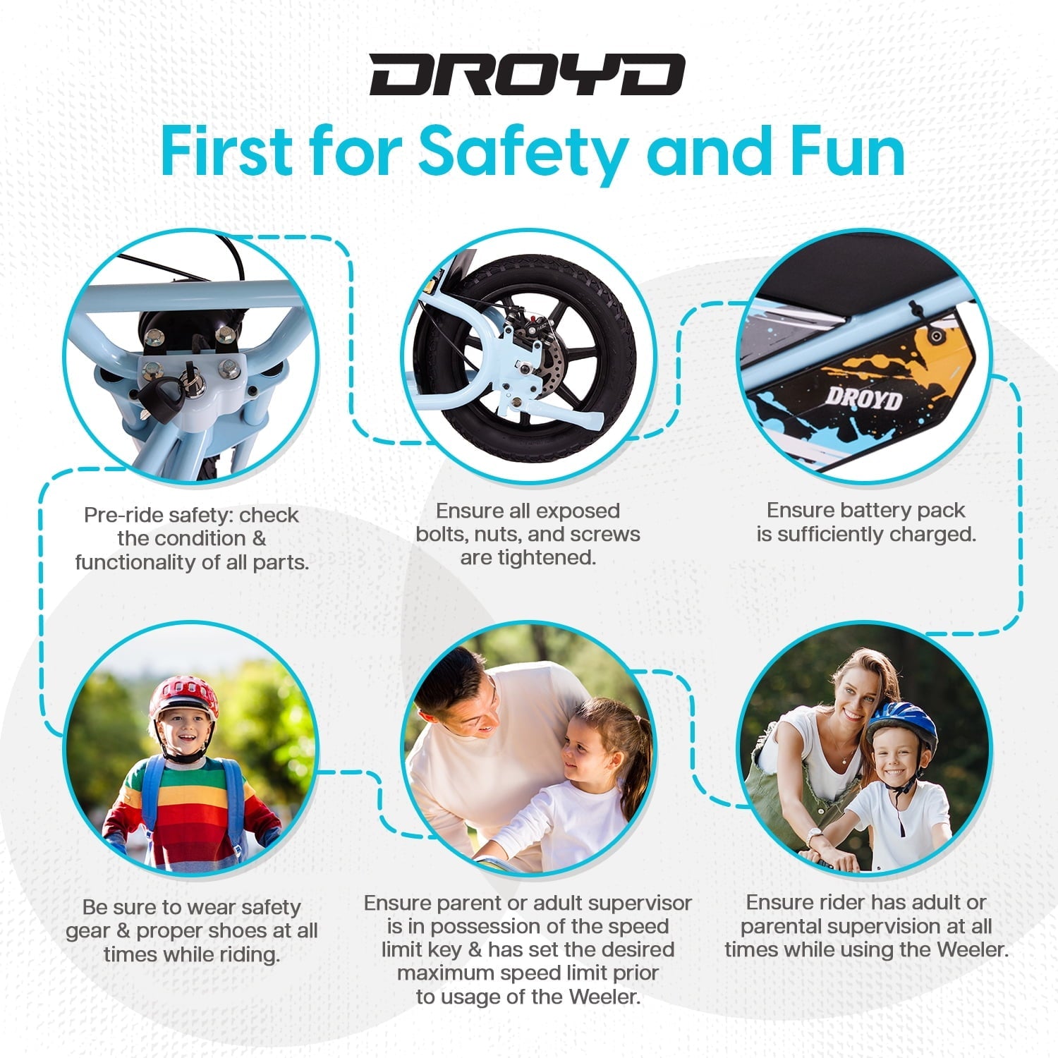 Droyd Weeler Electric Mini Bike - 24V 8Ah Battery, 6-10 MPH, Up to 8 Miles, LED Lights, Kids Ages 6+ - Blue