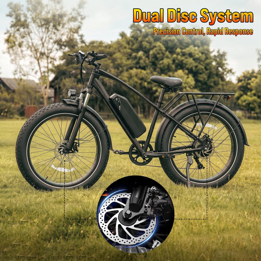 Rexei Yeki 26 Fat Tire EBike, 1200W Electric Bike for Adults, 48V 15AH Battery, 28 MPH Max Speed, 7-Speed , 500 lbs, Front Suspension, Dual Disc Brakes, LCD Display, UL2849