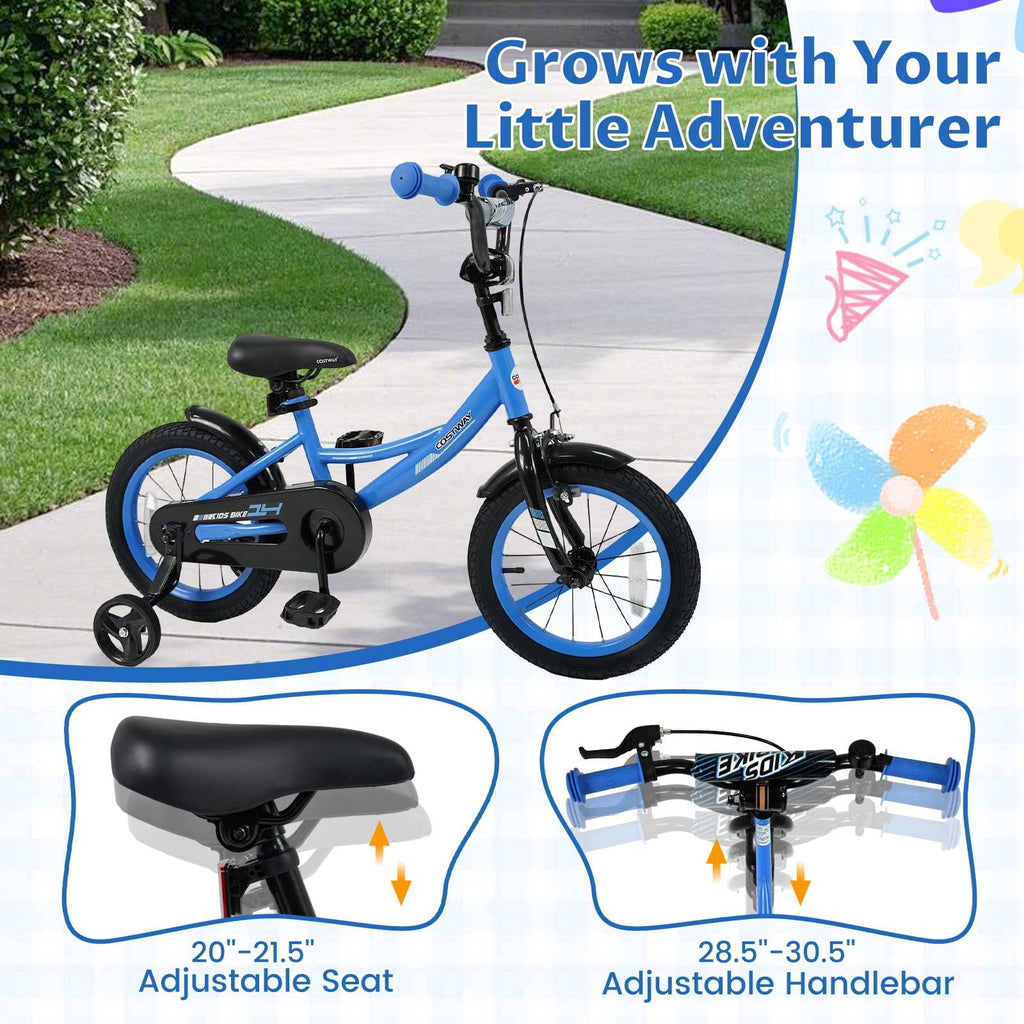 Costway 18 Inch Kids Bike with Training Wheels, Dual Brakes, Adjustable Seat & Handlebar Height Pink