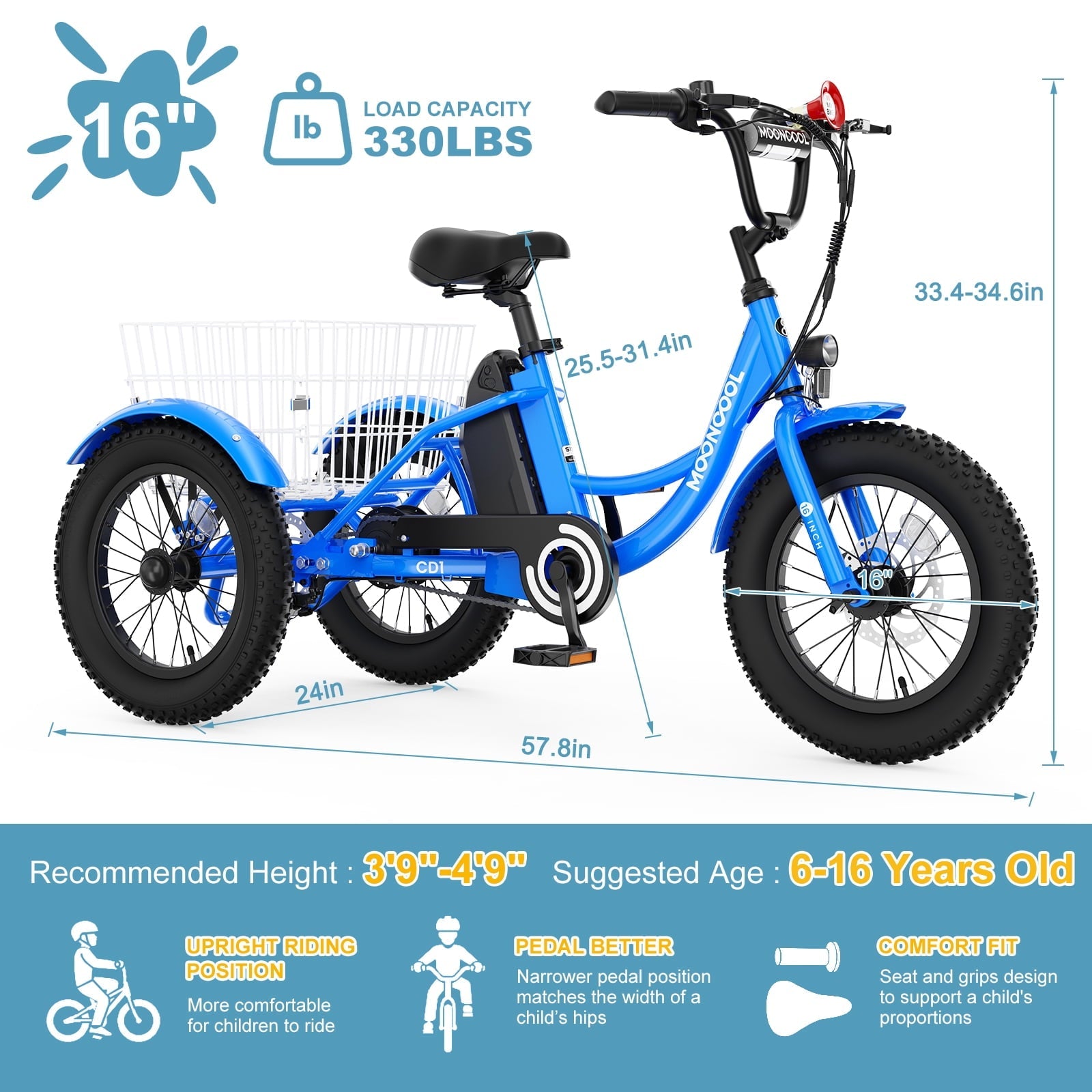 MOONCOOL Electric Tricycle for Kids ,16x3 3 Wheel 250W 10.4Ah Etrike W/ LED headlight & Rear Basket & horn bell & DIY stickers .6/9/12.5 MPH