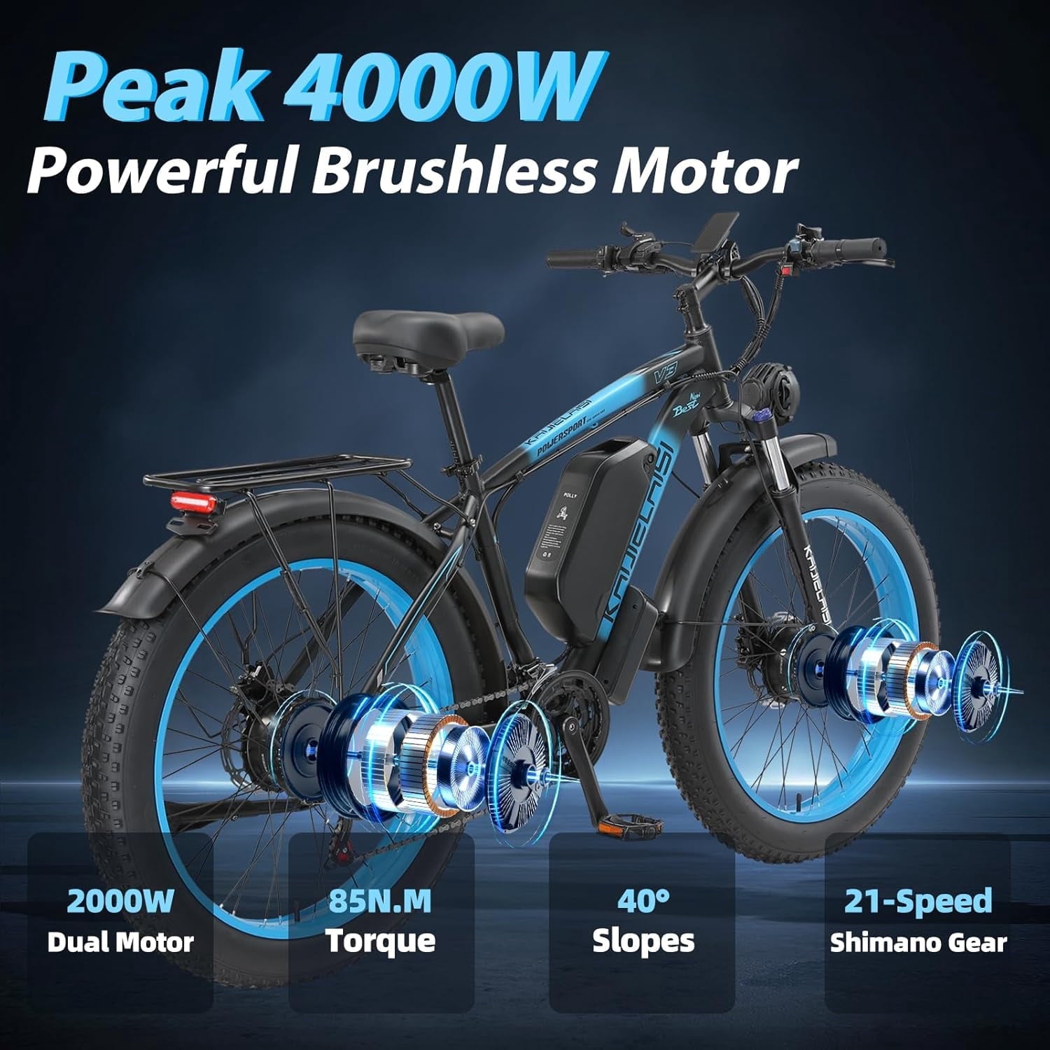 KETELES Adults Dual Motor Electric Bike, Peak 4000W 26 Inch Fat Tire Electric Mountain Bike, 48V 22.4AH Removable Battery, Dual Hydraulic Brakes 21-Speed Ebike