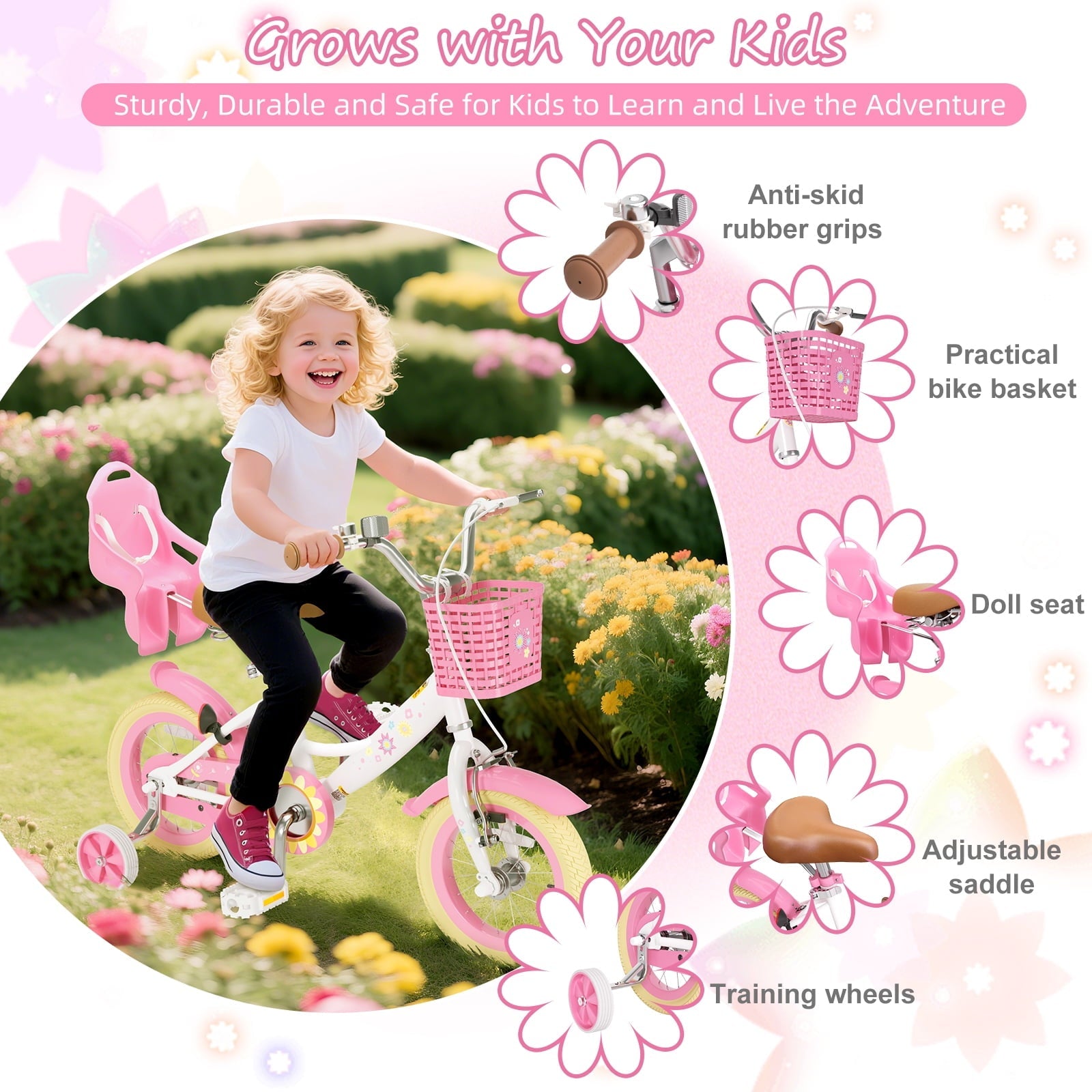 KORIMEFA Bikes for Girls 3-6 Years Old Toddlers, 12 inch Girls Bike with Training Wheels, Basket and Doll Seat, Children Bicycles with Handbrake, White