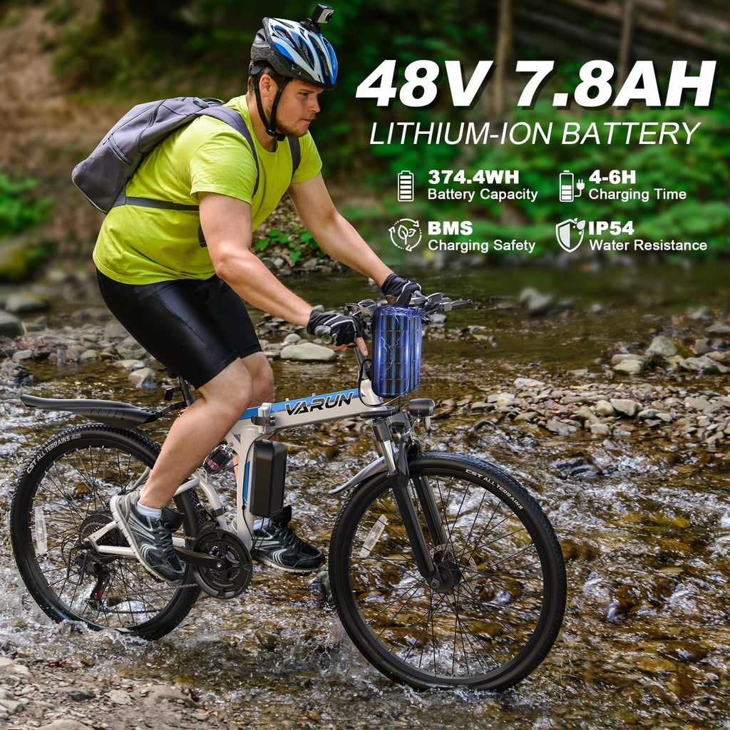 VARUN Electric Bike, 26 Foldable Ebike, Peak 750W Motor, 48V 374.4Wh Battery, up to 20+mph 50 Miles, 7 Speeds with Bike Pump, Phone Holder & Bike Lock & Rear Light, E Bike for Adult, UL2849(Black)