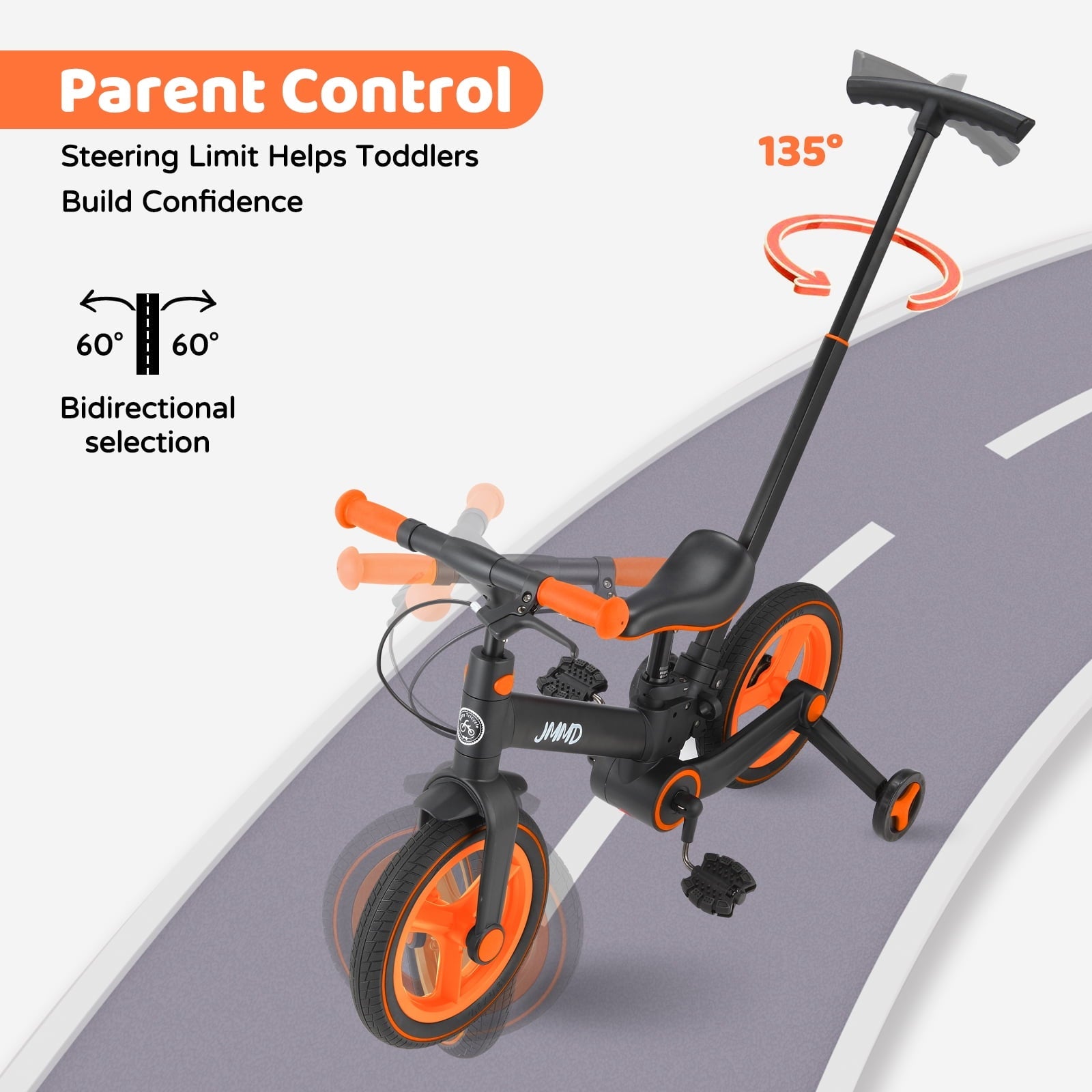 JMMD Toddler Bike with Push Handle for Kid 18-60 Months, 6 in 1 Foldable Tricycle with Training Wheel, Pedals, Kid Balance Bike for Boy & Girl, Black
