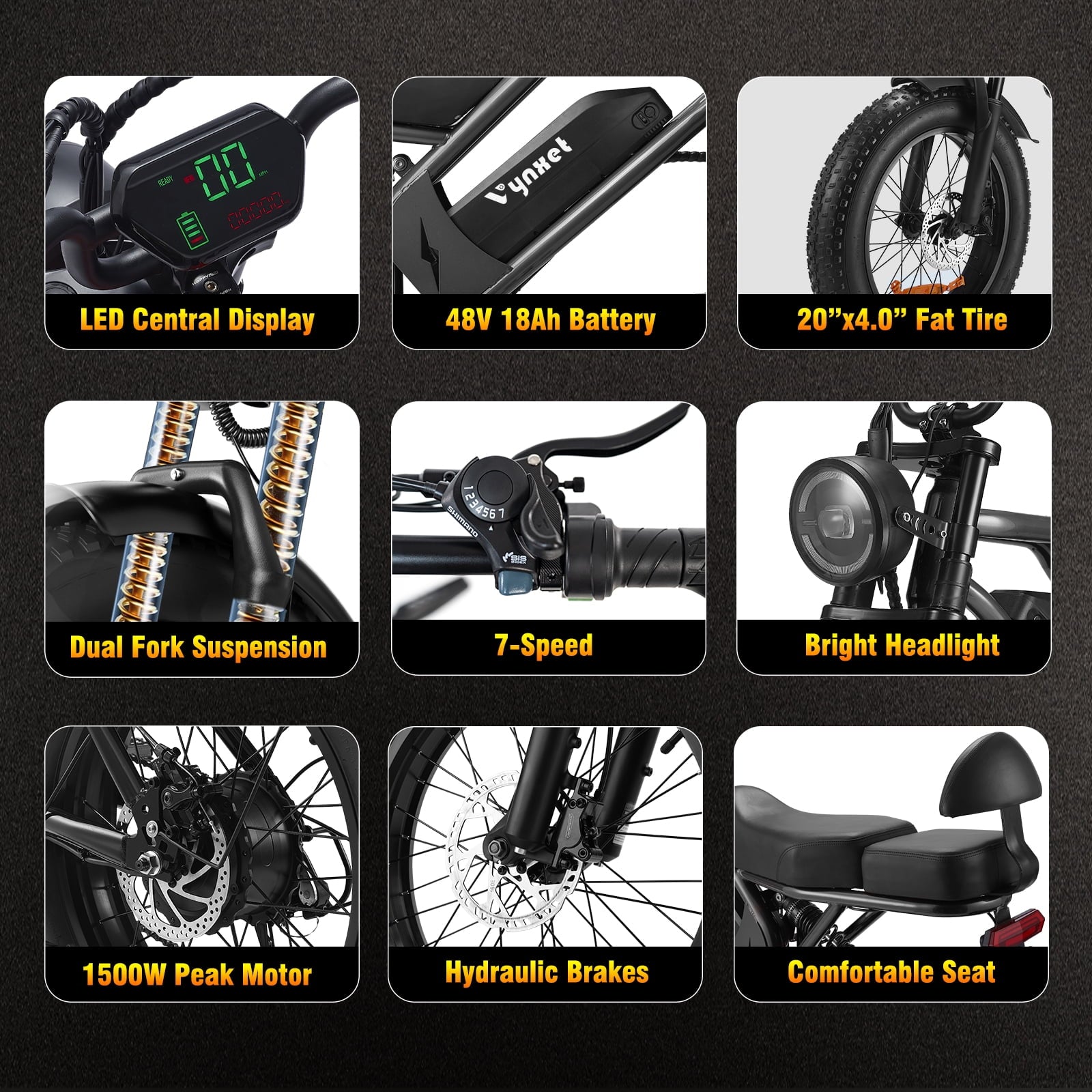 1500W Electric Bike, 20 Fat Tire E-Mountain Bikes, 48V 18Ah 32MPH Ebike for Adults Full Suspension UL2849, All-Terrain E-Bike, Orange