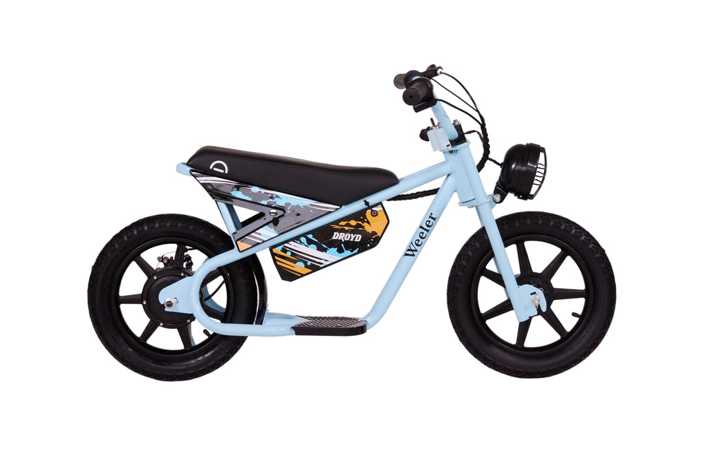 Droyd Weeler Electric Mini Bike - 24V 8Ah Battery, 6-10 MPH, Up to 8 Miles, LED Lights, Kids Ages 6+ - Blue