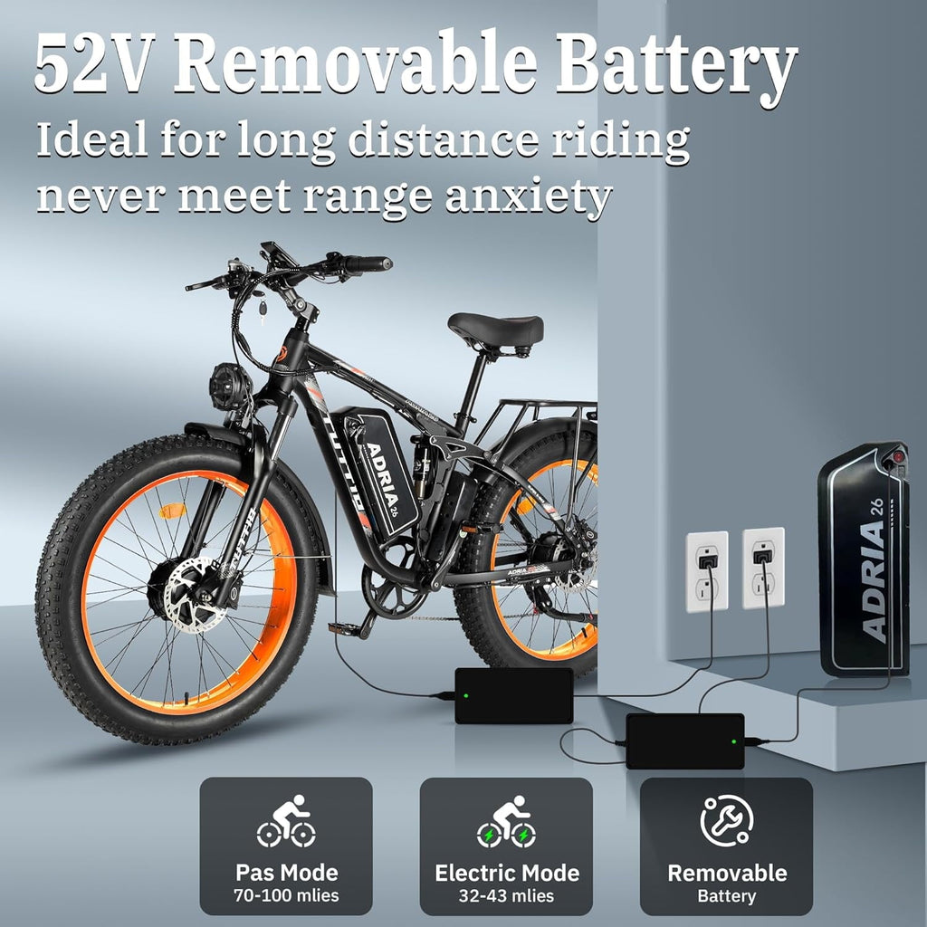 TUTTIO 5000W Dual Motor Electric Bike for Adults Max 46mph, 26x4in Fat Tire All Terrain E-Mountain Bike, 52V 25Ah Full Suspension E Bike, 7-Speed Gear Electric Bicycle UL2849