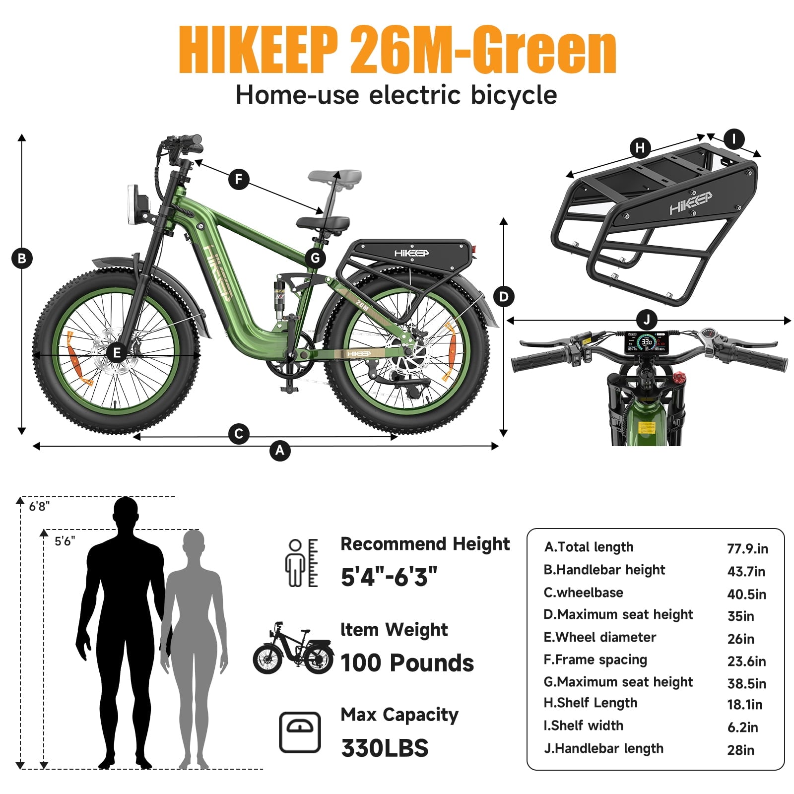 Electric Bike for Adults, 2000W 4000W Peak Motor, 48V 25Ah Removable Battery, 26x4.0 Fat Tire Ebike, 7-Speed Shimano, Front Fork & Linkage Suspension, Rear Rack, 40MPH, UL2849, Green