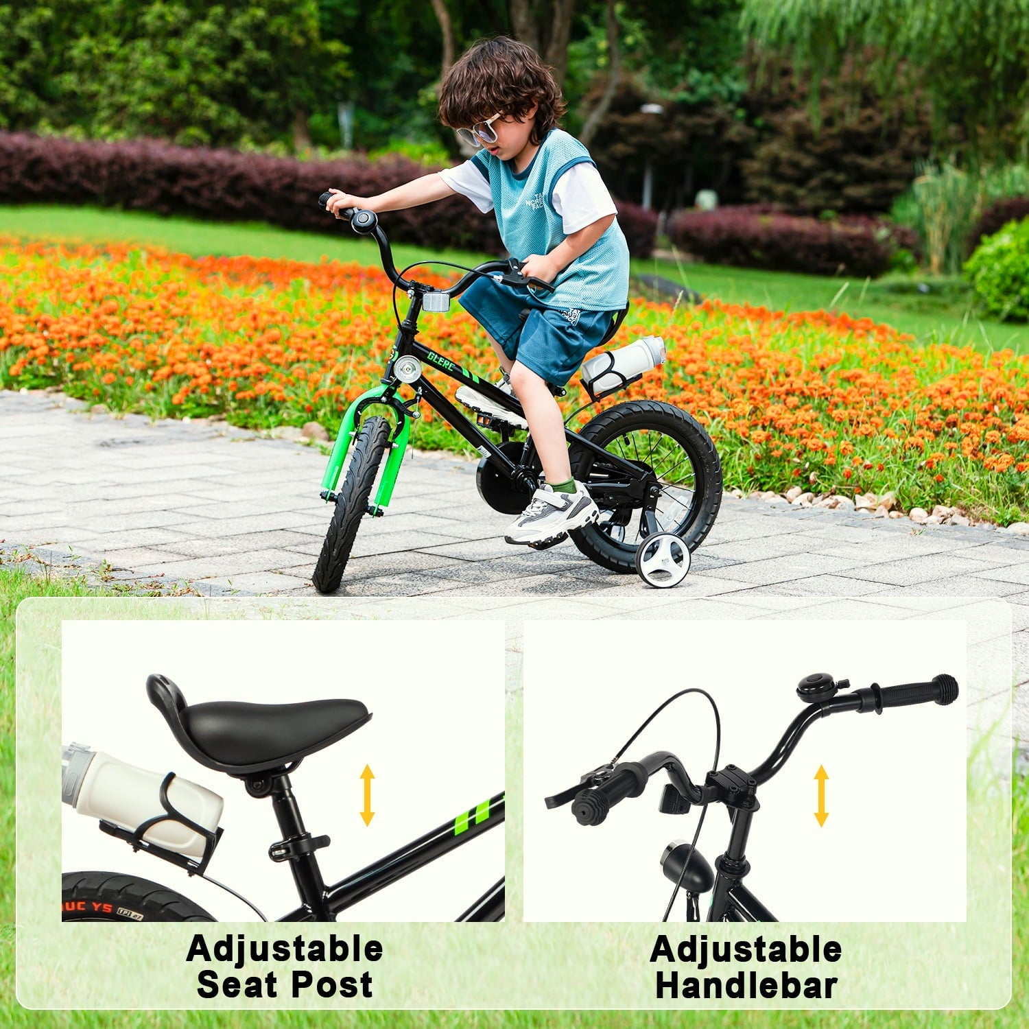 Glerc 14 inch Kids Bike for Child 3-5 Year old Boys Girls with Water Bottle Holder & Headlight & Training Wheels, Black