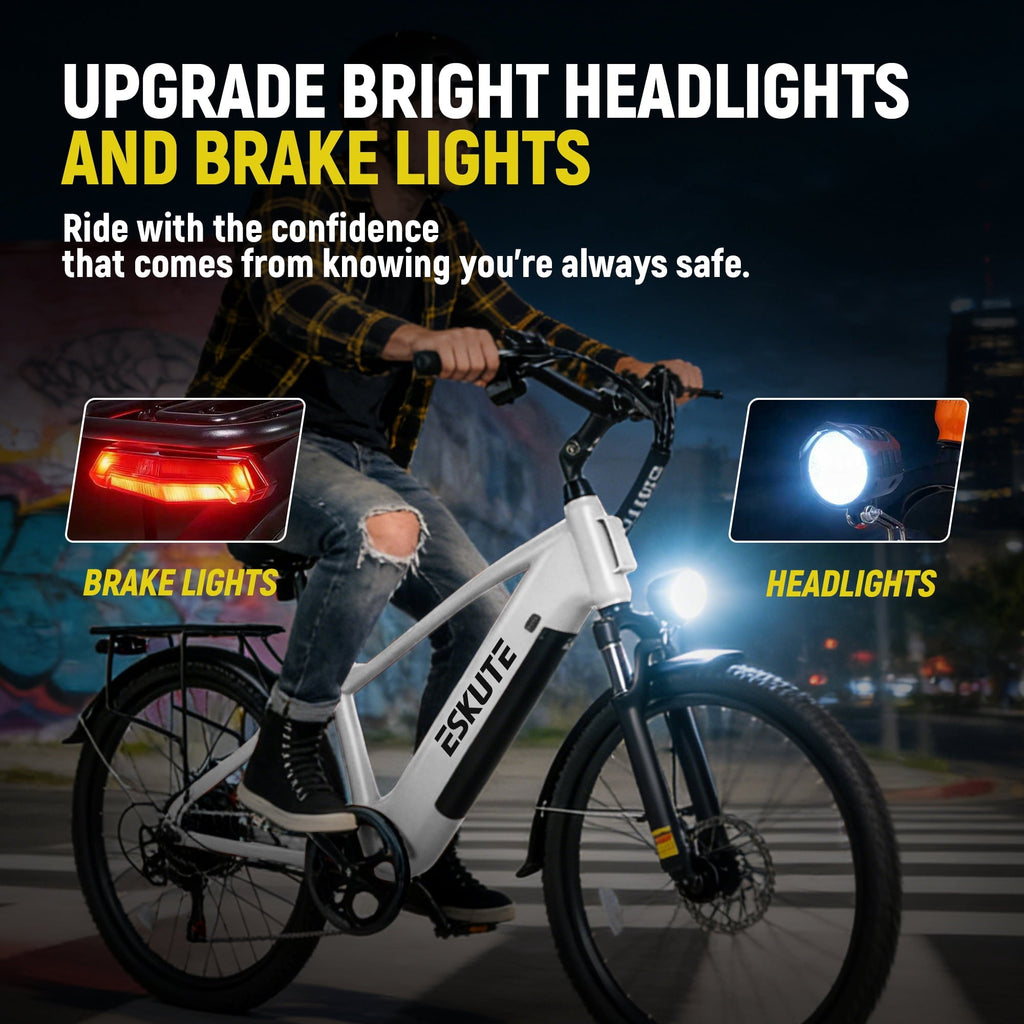 ESKUTE C200D 70-Mile Electric Bike for Adults, 840Wh Removable Battery, 1300W Peak Motor, Up to 28MPH, 26 Tires, 7-Speed Step-Over E-Bike White, UL2849