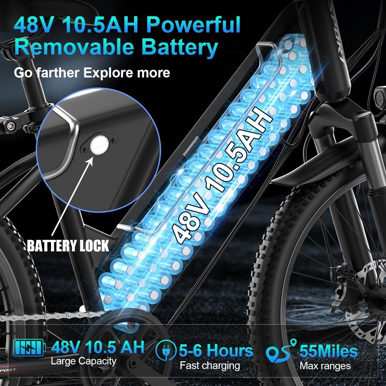 F26-1500W Off-Road Electric Bike, 26 Tire 55 Miles Electric Bike ,48V 10.5 Internal Battery (Removable), Top Speed 30MPH, Electric Mountain Bike Beach Bike, Professional 7 Speed UL2849