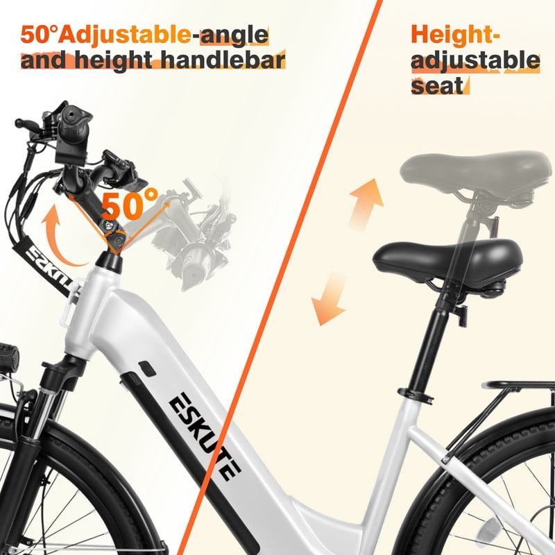 ESKUTE C200 Electric Bike for Adults, 1300W Peak Power Ebike, 28MPH Step-Thru E-Bicycle with 840Wh Removable Battery, Up to 70 Miles, 26 Tires, 7 Speed Adjustable Stem,white, UL2849