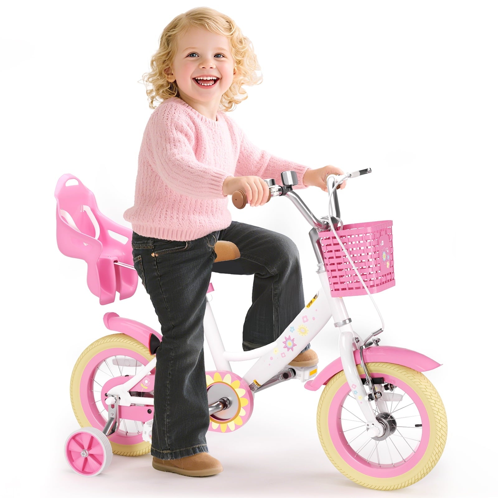 KORIMEFA Bikes for Girls 3-6 Years Old Toddlers, 12 inch Girls Bike with Training Wheels, Basket and Doll Seat, Children Bicycles with Handbrake, White